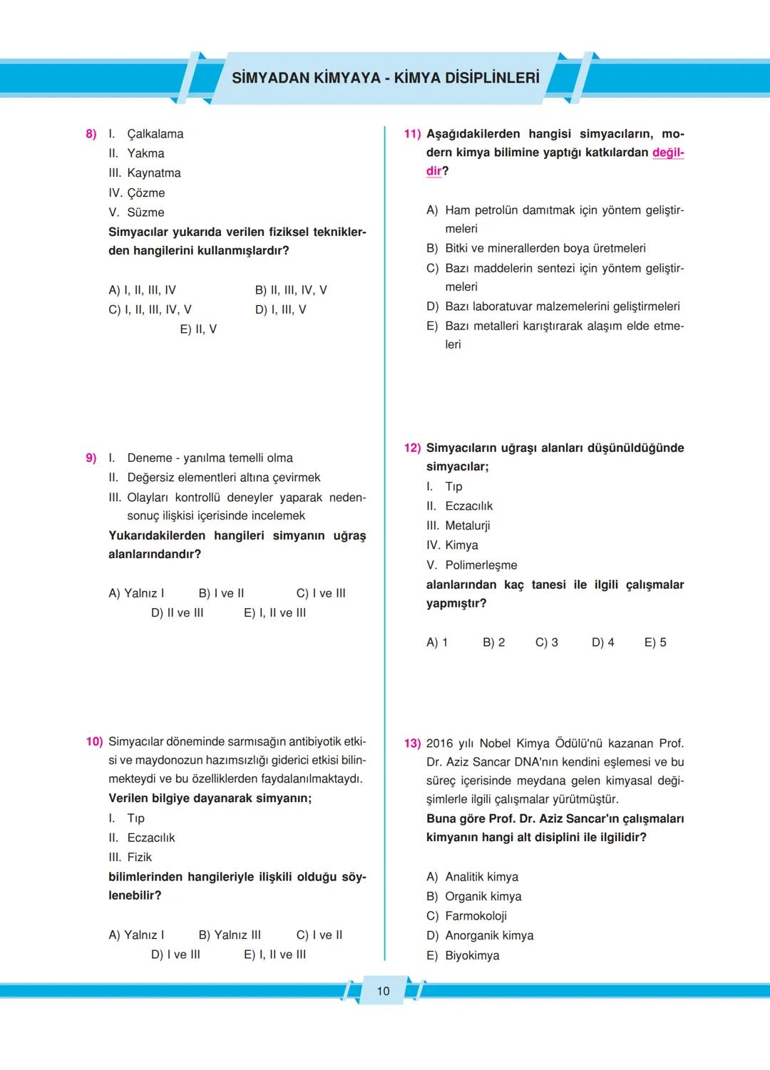 Kimya 9. Sınıf kimyanın alt disiplinleri soru bankası
