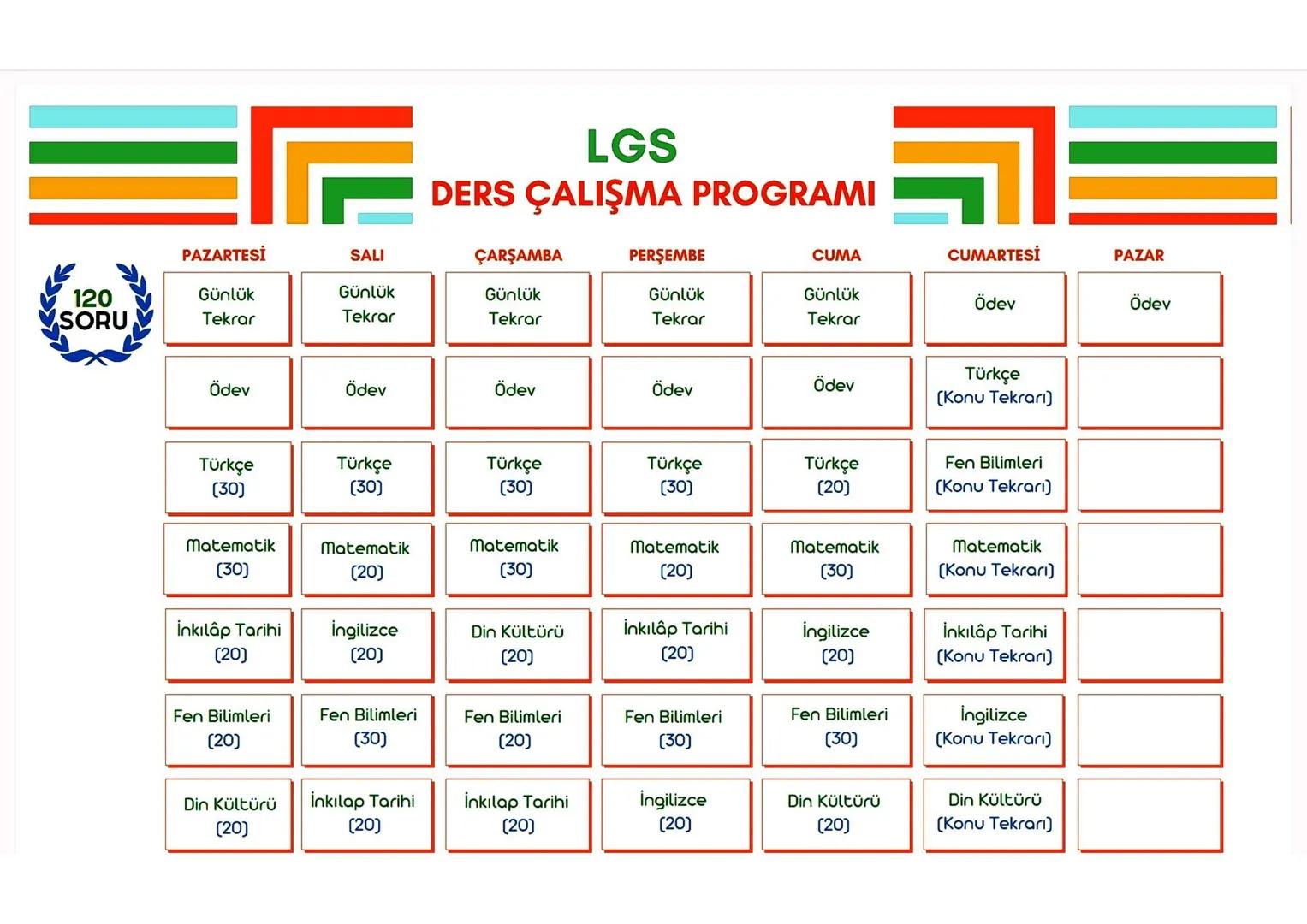 LGS
DERS ÇALIŞMA PROGRAMI
PAZARTESİ
SALI
ÇARŞAMBA
PERŞEMBE
CUMA
CUMARTESİ
PAZAR
60
Günlük
Günlük
Günlük
Günlük
Günlük
Ödev
Ödev
Tekrar
Tekra