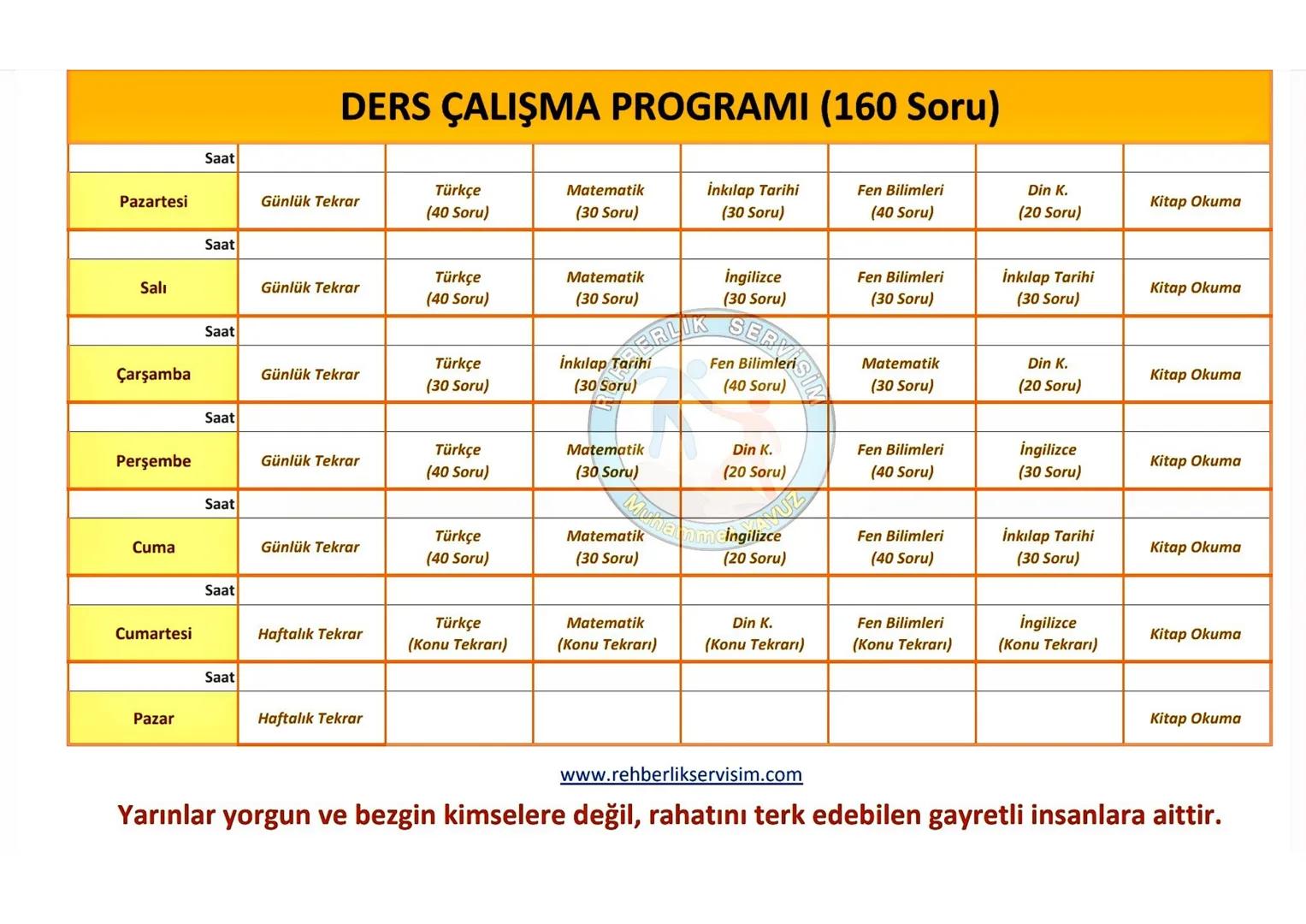 LGS
DERS ÇALIŞMA PROGRAMI
PAZARTESİ
SALI
ÇARŞAMBA
PERŞEMBE
CUMA
CUMARTESİ
PAZAR
60
Günlük
Günlük
Günlük
Günlük
Günlük
Ödev
Ödev
Tekrar
Tekra
