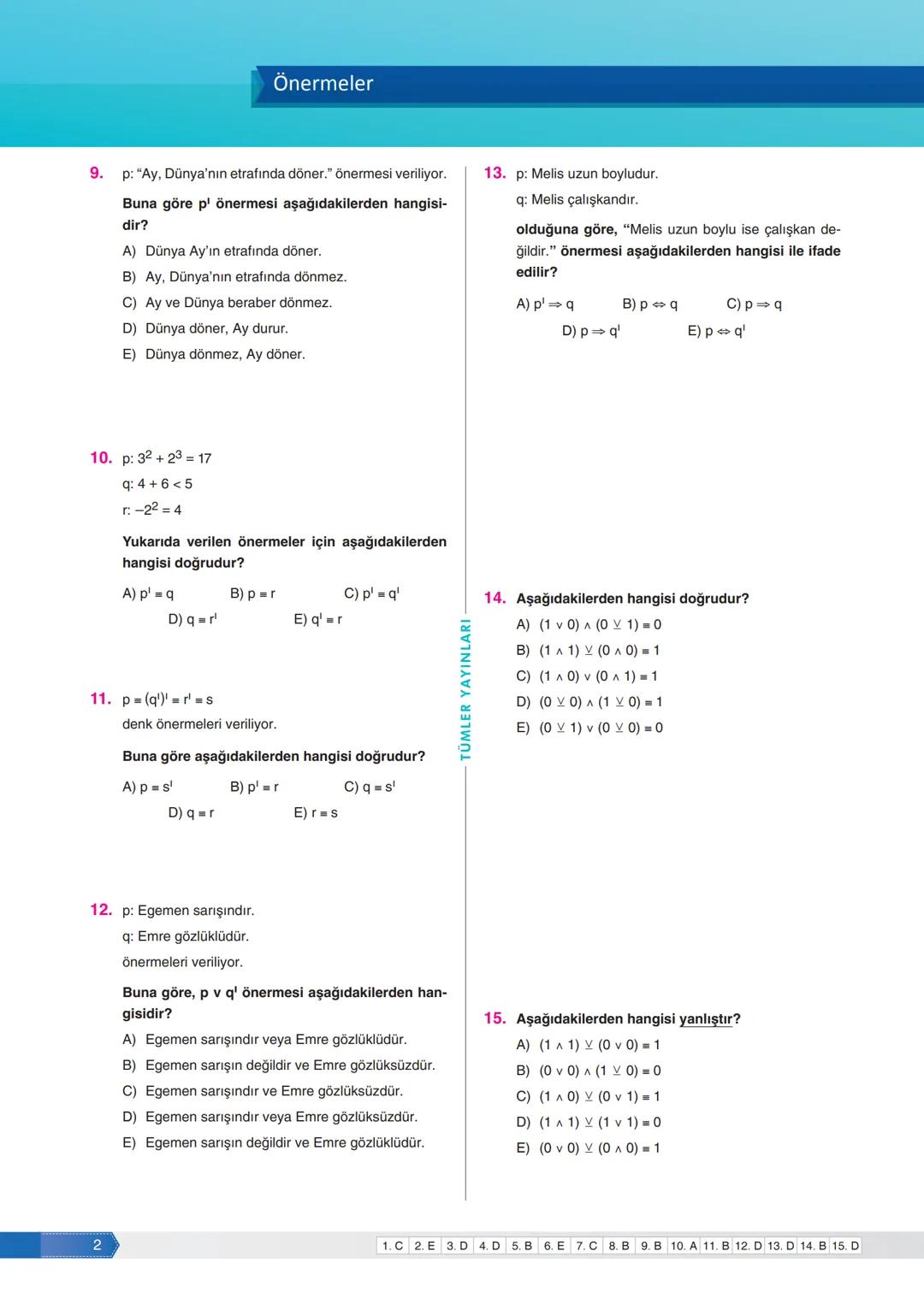 1. Aşağıdaki ifadelerden hangisi bir önerme belirtir?
A) Çay içelim mi?
B) Sessiz ol.
C) 2 çift sayıdır.
D) Sorular gelsin.
E) Dersinize çal