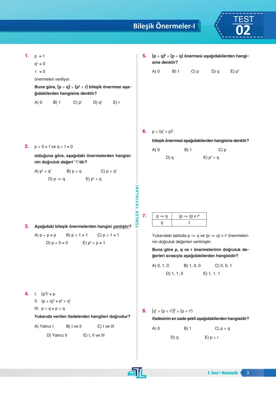 1. Aşağıdaki ifadelerden hangisi bir önerme belirtir?
A) Çay içelim mi?
B) Sessiz ol.
C) 2 çift sayıdır.
D) Sorular gelsin.
E) Dersinize çal