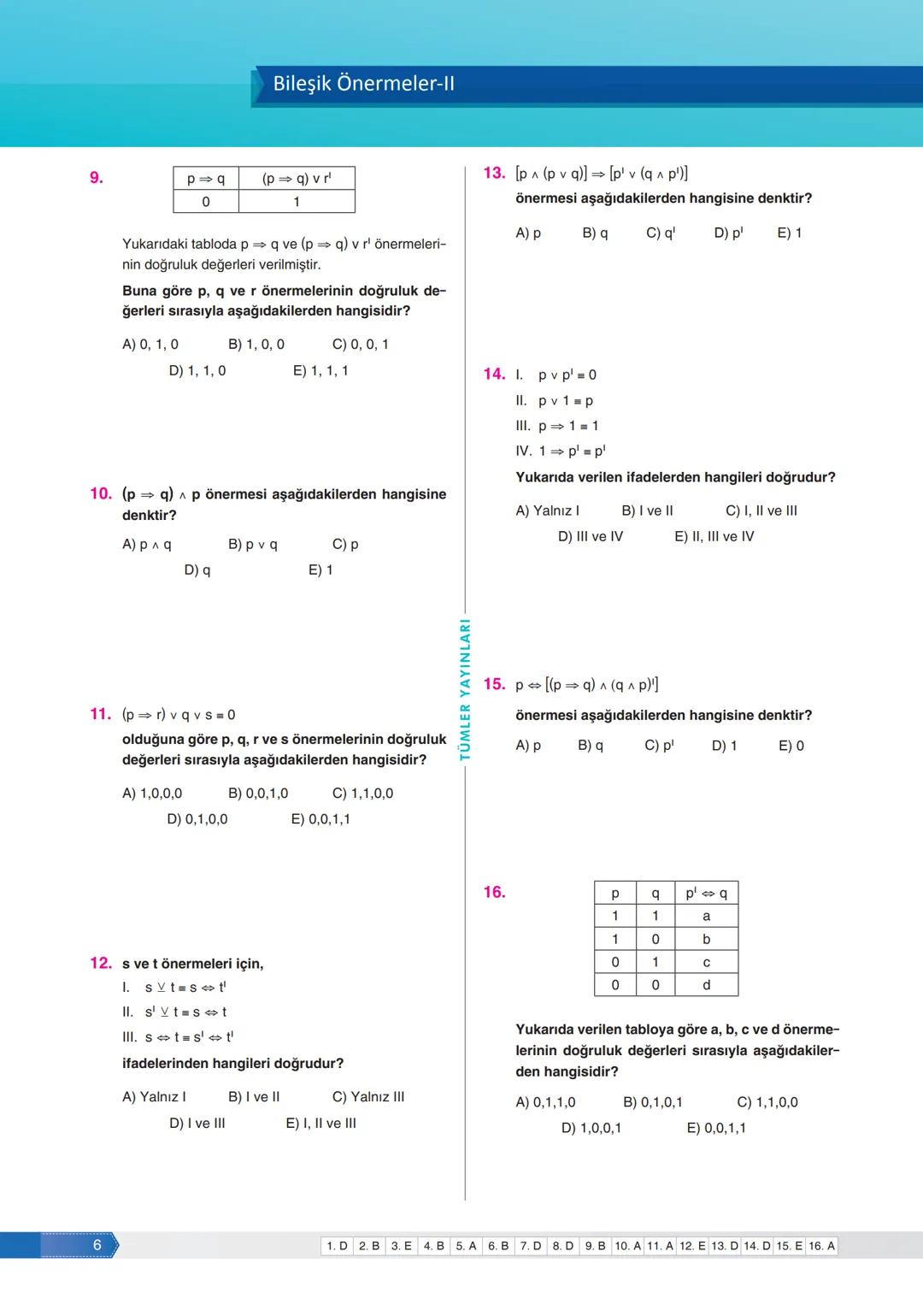 1. Aşağıdaki ifadelerden hangisi bir önerme belirtir?
A) Çay içelim mi?
B) Sessiz ol.
C) 2 çift sayıdır.
D) Sorular gelsin.
E) Dersinize çal