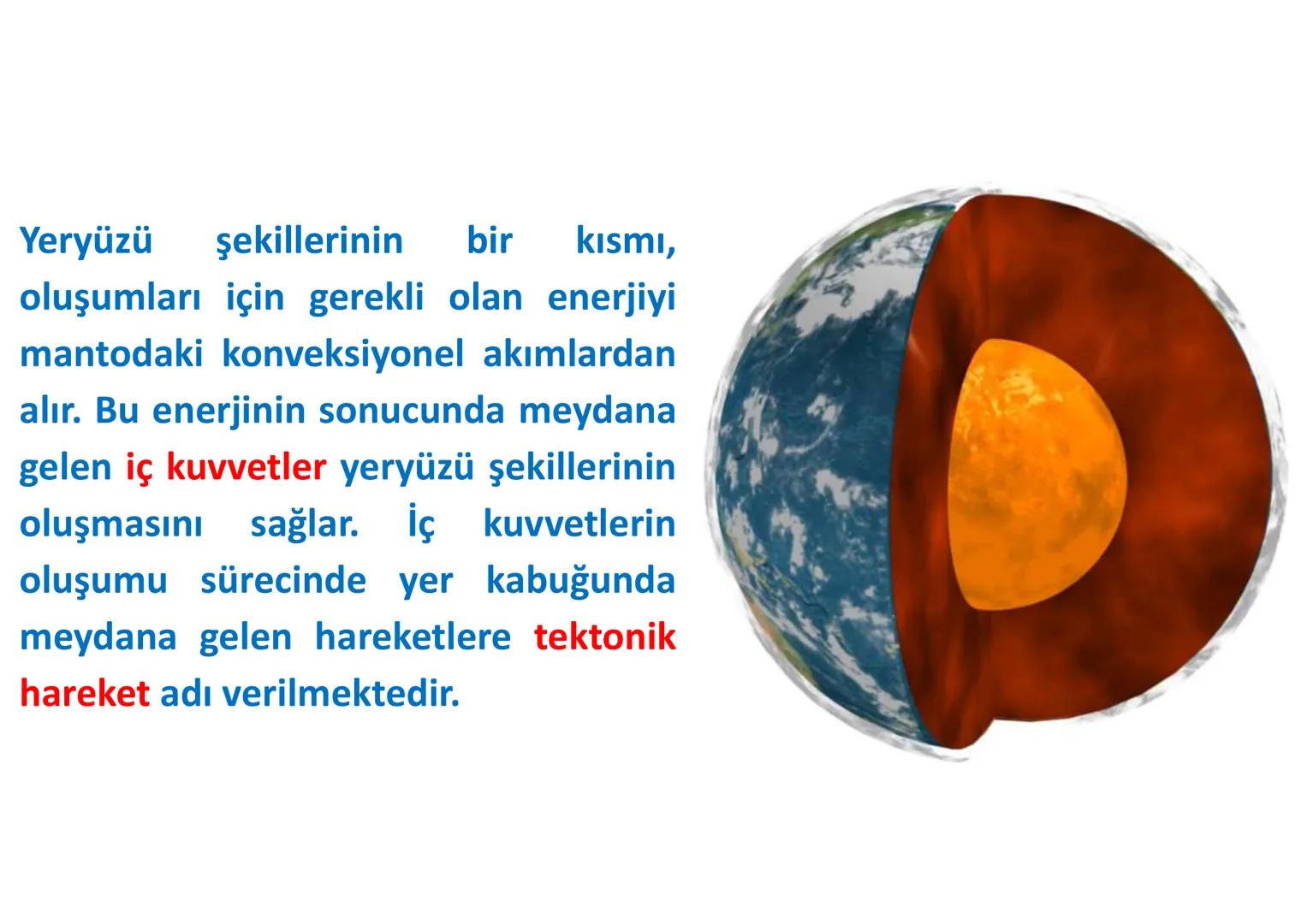# İÇ
# KUVVETLER
Epirojenez
Orojenez
Volkanizma
Deprem Yeryüzü şekillerinin bir kısmı,
oluşumları için gerekli olan enerjiyi
mantodaki