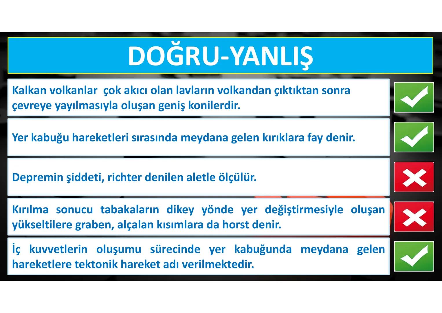 # İÇ
# KUVVETLER
Epirojenez
Orojenez
Volkanizma
Deprem Yeryüzü şekillerinin bir kısmı,
oluşumları için gerekli olan enerjiyi
mantodaki