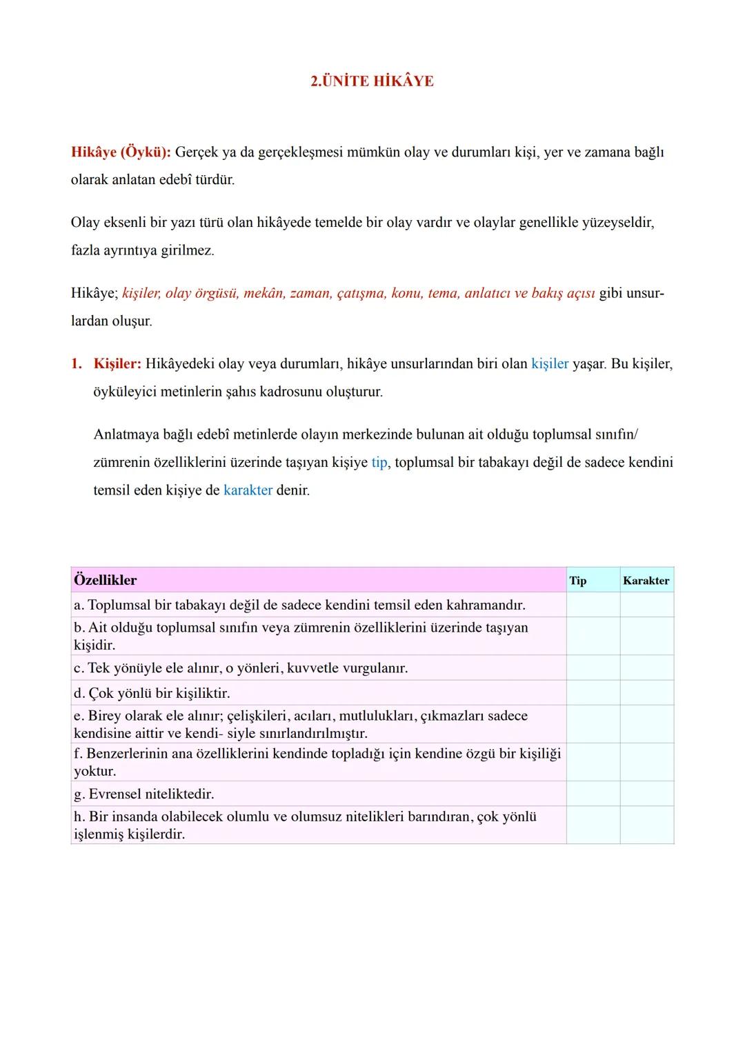 2. ÜNİTE HİKÂYE
Hikâye (Öykü): Gerçek ya da gerçekleşmesi mümkün olay ve durumları kişi, yer ve zamana bağlı
olarak anlatan edebî türdür.
