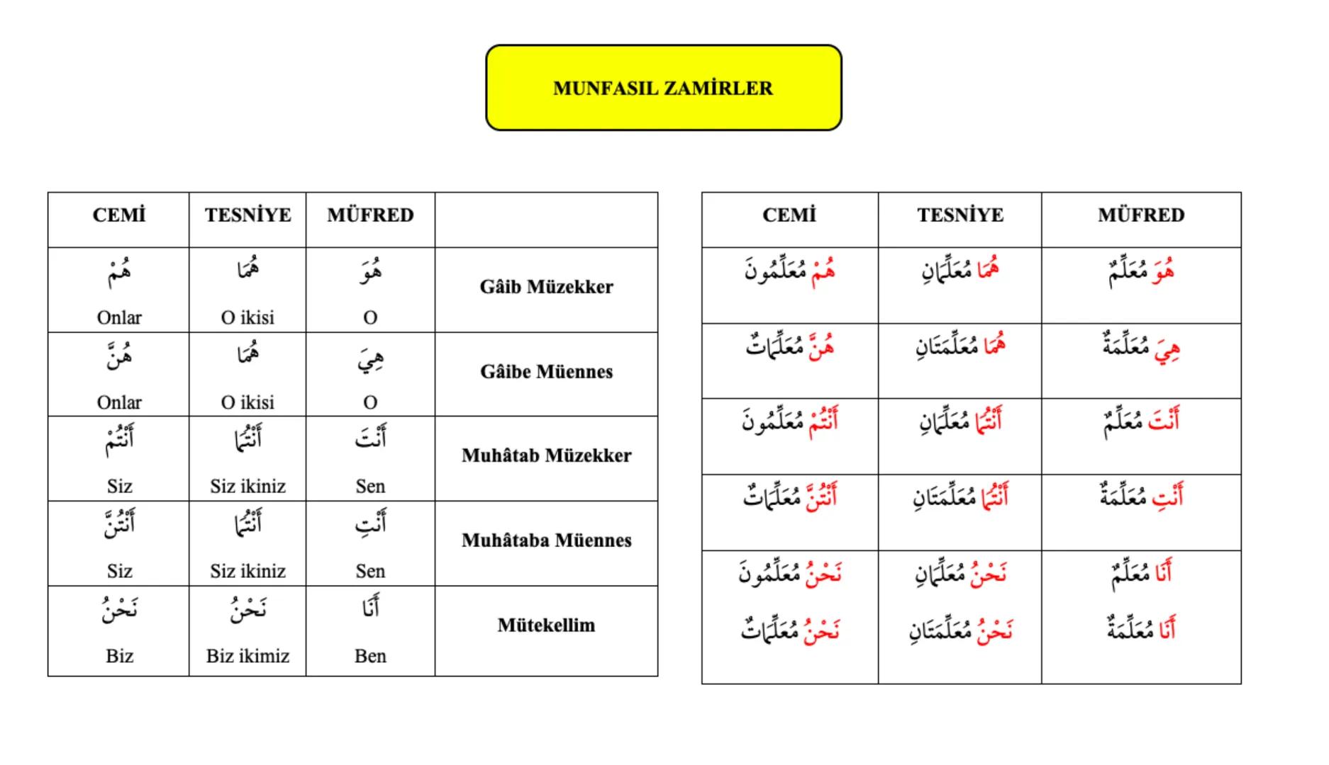 CEMİ
TESNİYE MÜFRED
هُمْ
هما
Onlar
O ikisi
هُنَّ
MUNFASIL ZAMİRLER
Gaib Müzekker
0
هما
هي
Onlar
O ikisi
أَنْتُمْ
أنْتُما
Siz
Siz ikiniz
أَنْ
