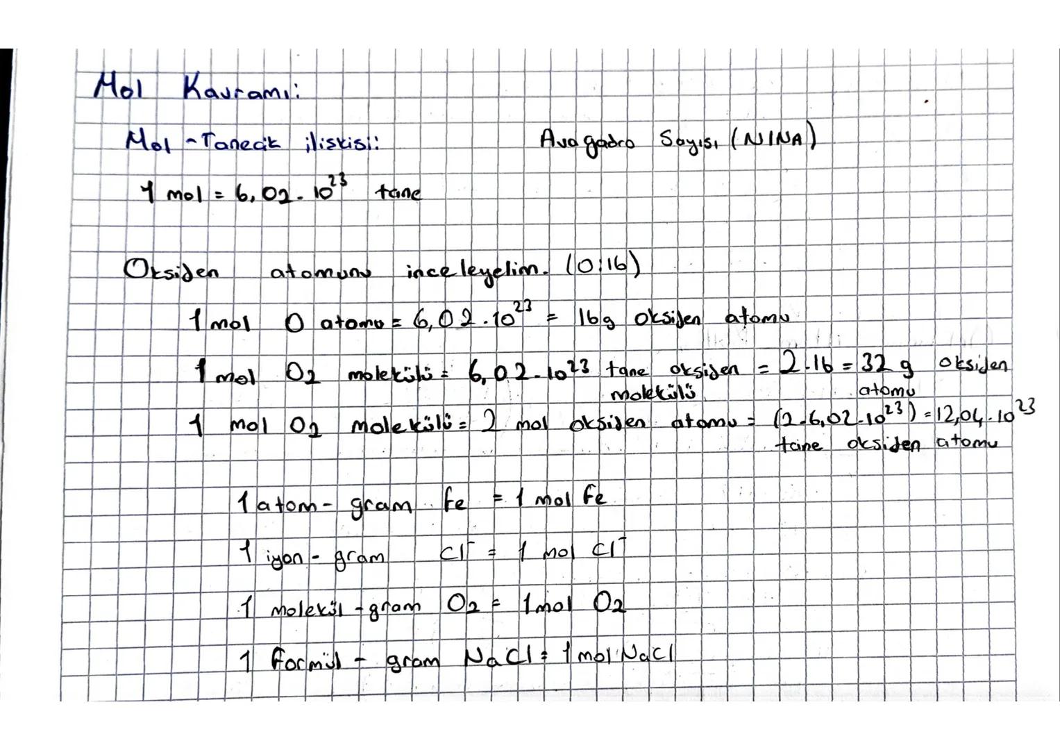 Mol Kavramı:
Mol-Tanecik ilişkisi:
4 mol = 6,02-10^{23}
Avagadro Sayısı (NINA)
tane
Oksiden atomun inceleyelim. (0:16)
1 mol O atomo =