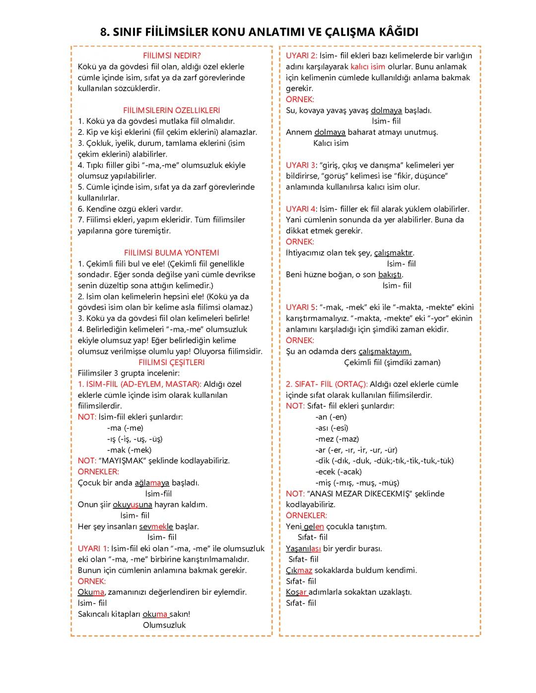 8.Sınıf Fiilimsiler Konu anlatımı ve Etkinlikleri.