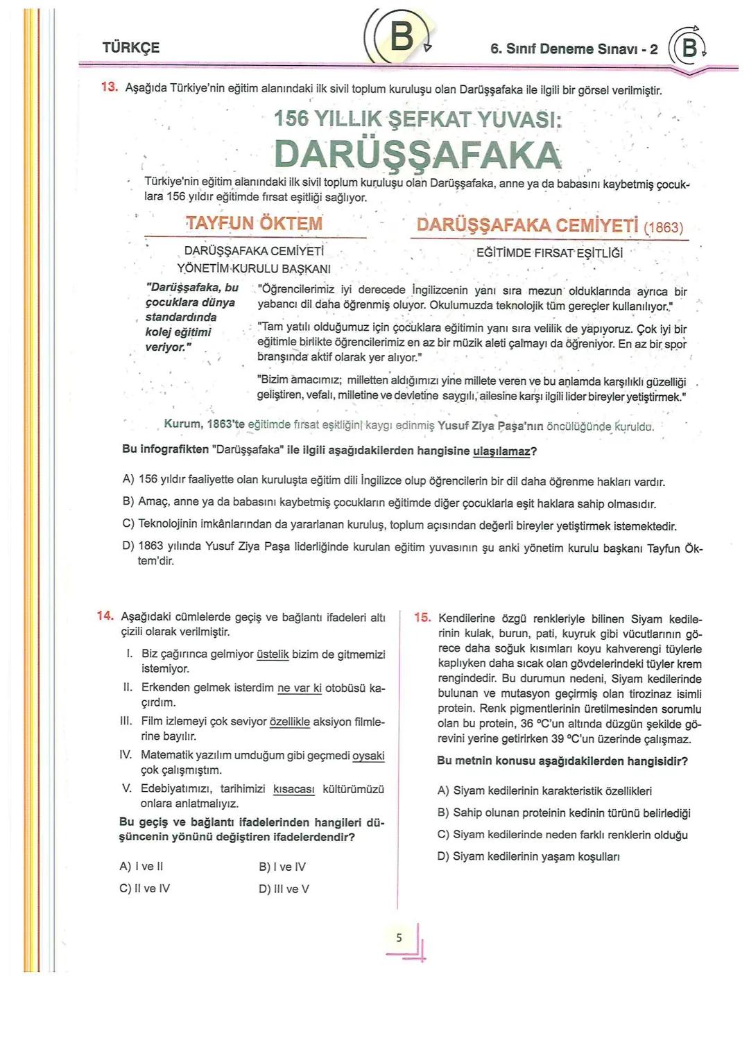 # 6
SINIF
TÜRKİYE GENELİ
Değerlendirme
KURUMSAL DENEME
SINAVI - 2
Adı ve Soyadı
:
Sınıfı / Şubesi
:
Öğrenci Numarası :
B
Türkçe ..
