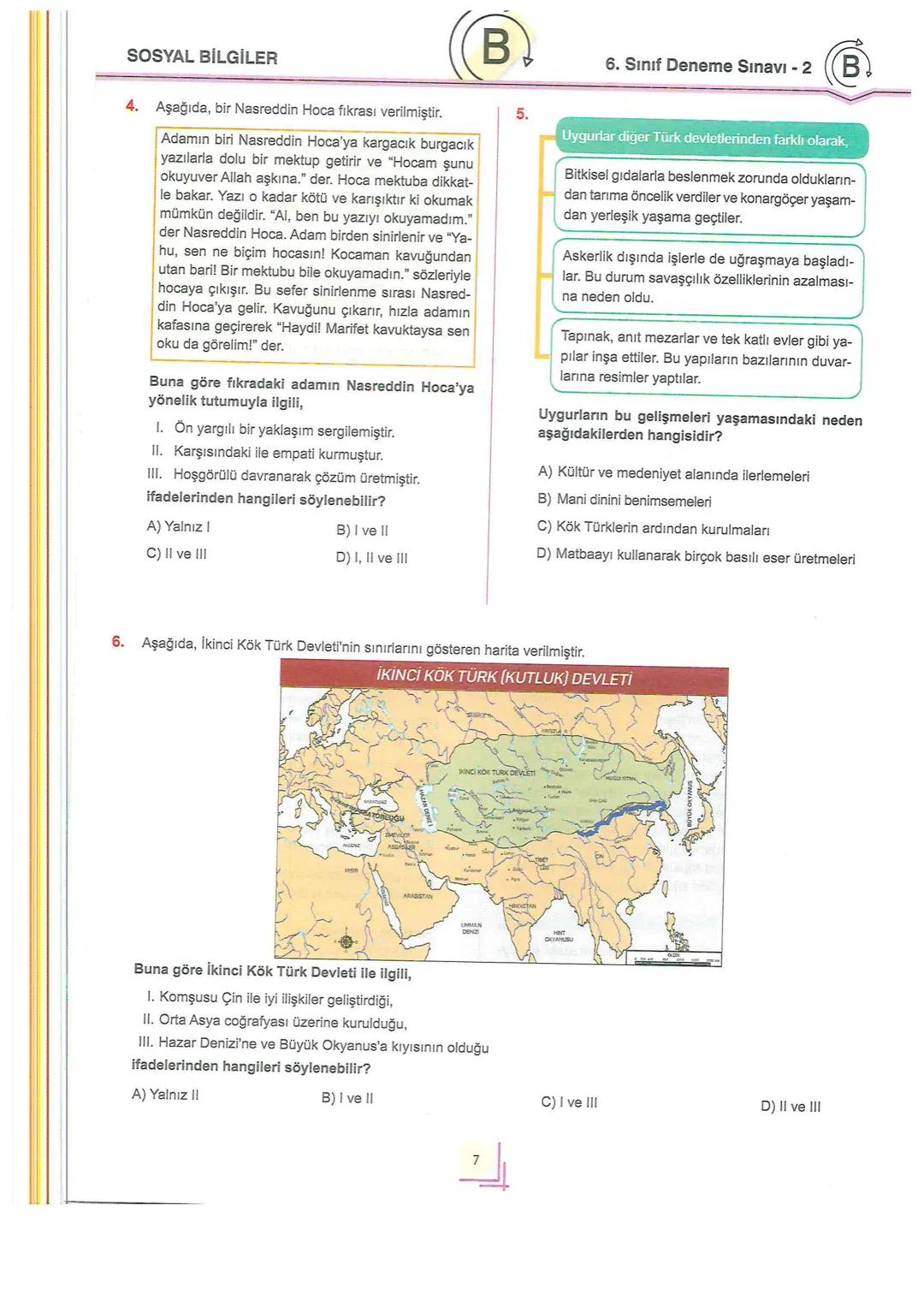 # 6
SINIF
TÜRKİYE GENELİ
Değerlendirme
KURUMSAL DENEME
SINAVI - 2
Adı ve Soyadı
:
Sınıfı / Şubesi
:
Öğrenci Numarası :
B
Türkçe ..