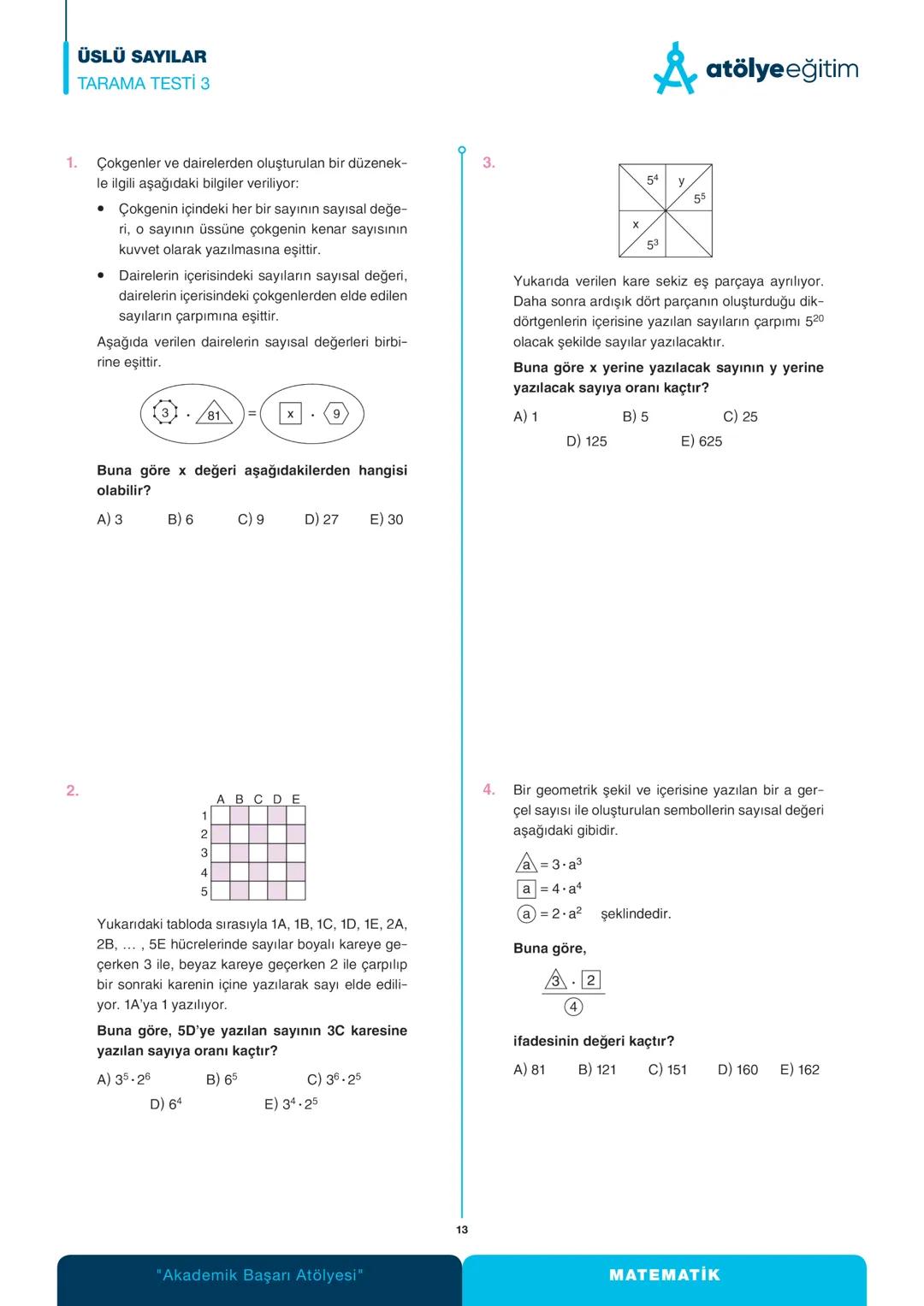 ÜSLÜ SAYILAR
DERS NOTU
atölyeeğitim
x bir reel sayı ve n pozitif tam sayı olmak üzere n tane
x'in çarpımına x'in n. kuvveti denir.
x x x x =
