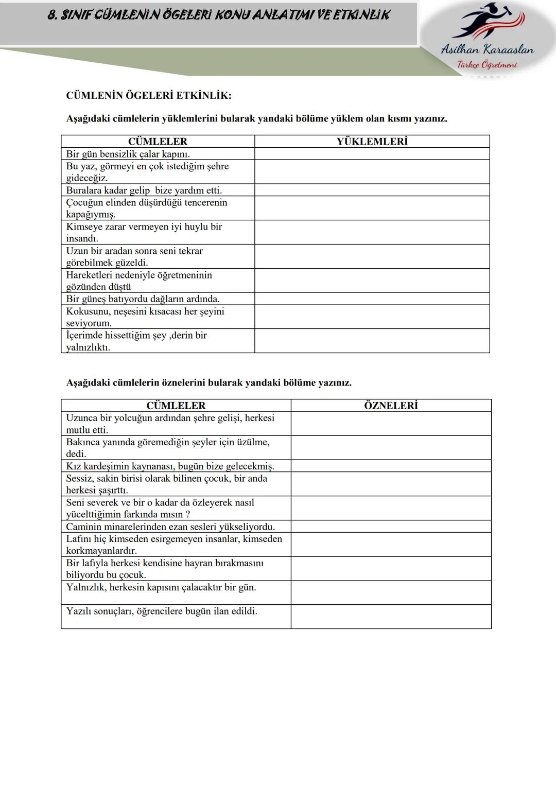 # 8. SINIF CÜMLENİN ÖGELERİ KONU ANLATIMI VE ETKİNLİK
Asilhan Karaaslan
Türkçe Öğretmeni
CÜMLENİN ÖGELERİ:
CÜMLENİN ÖGELERİ İLE İLGİLİ
ÖN