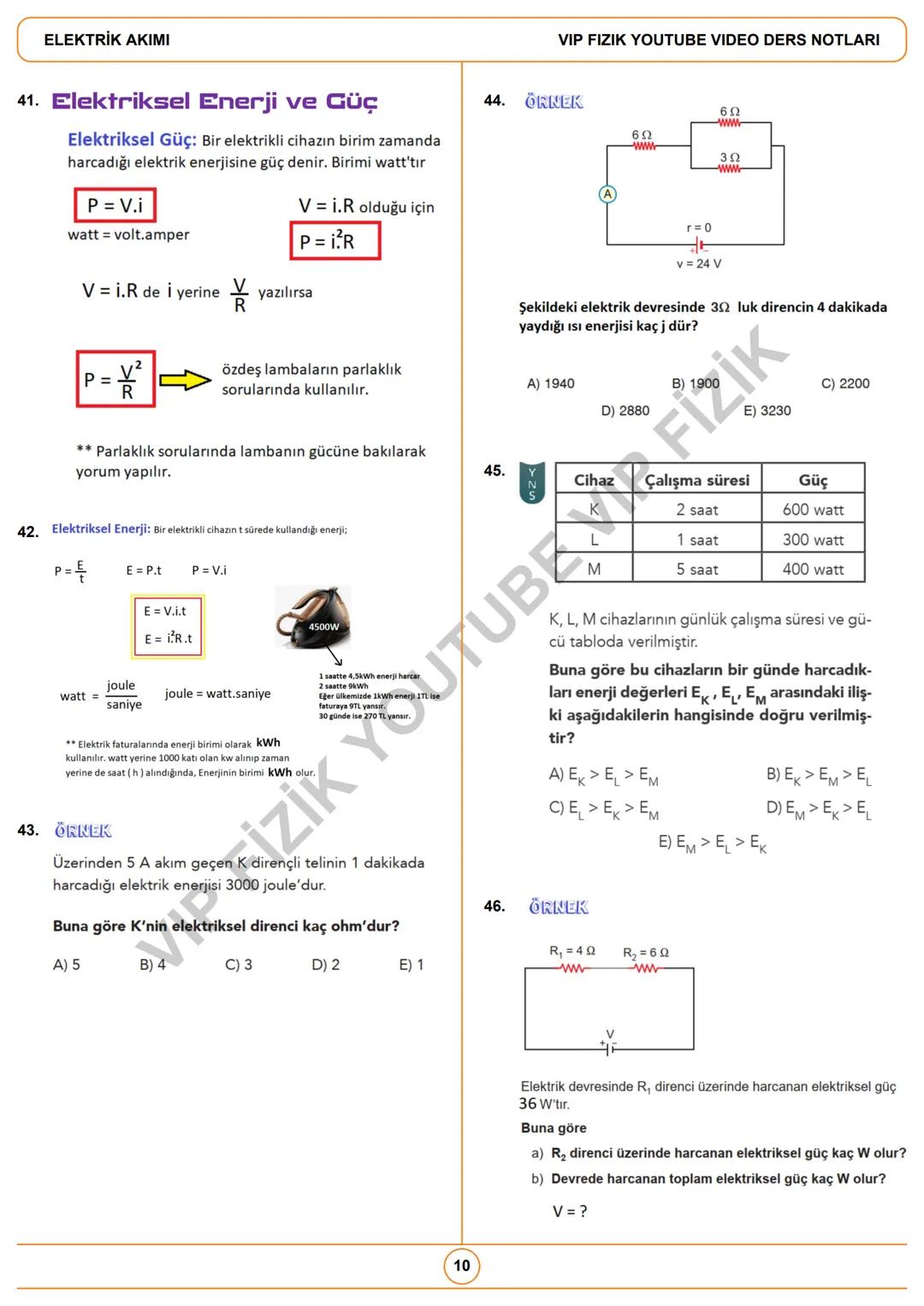 # ELEKTRİK AKIMI
VIP FIZIK YOUTUBE VIDEO DERS NOTLARI / İNSTAGRAM: @fizikogreten
1. Potansiyel Farkı ve Akım
• Birim yükün devreyi dolaşa
