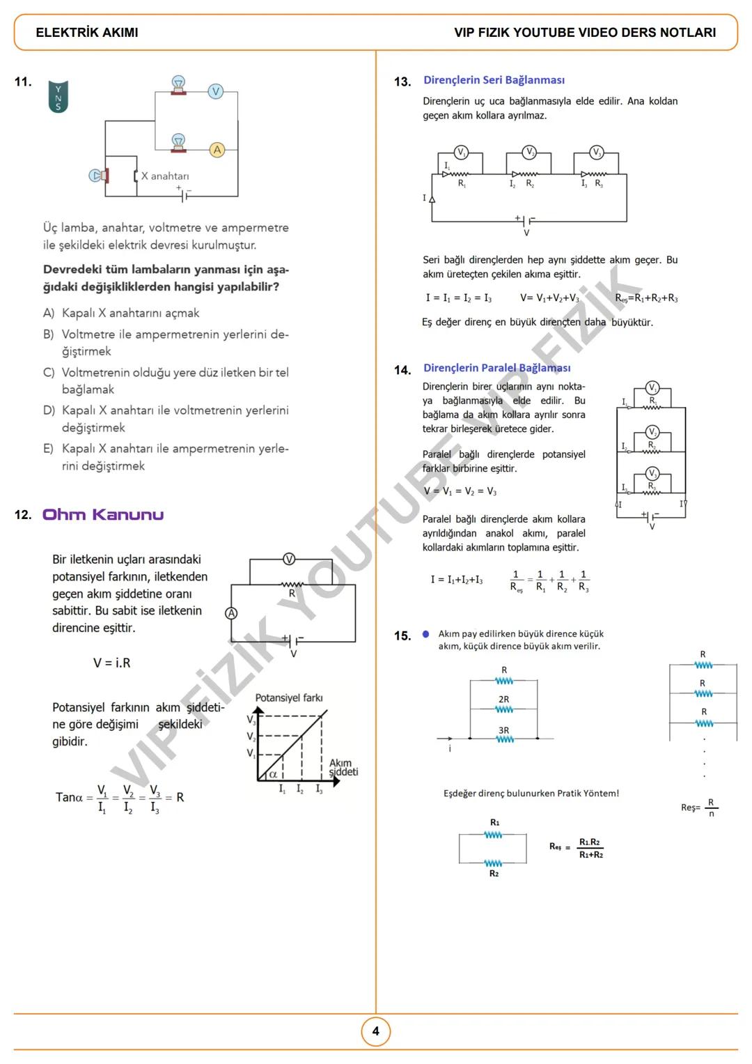 # ELEKTRİK AKIMI
VIP FIZIK YOUTUBE VIDEO DERS NOTLARI / İNSTAGRAM: @fizikogreten
1. Potansiyel Farkı ve Akım
• Birim yükün devreyi dolaşa
