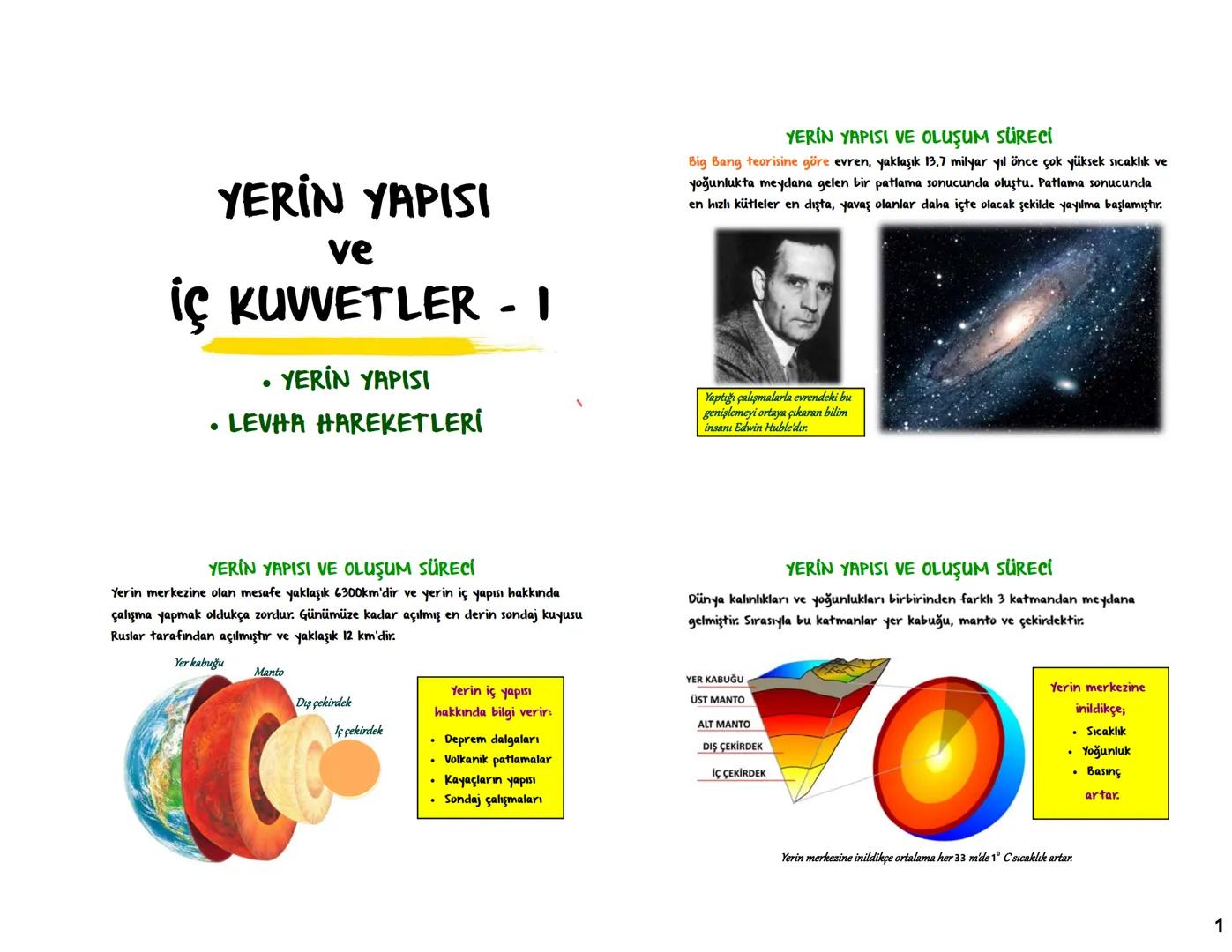# YERİN YAPISI
ve
İÇ KUVVETLER - 1
* YERİN YAPISI
* LEVHA HAREKETLERİ
YERİN YAPISI VE OLUŞUM SÜRECİ
Big Bang teorisine göre evren, yak