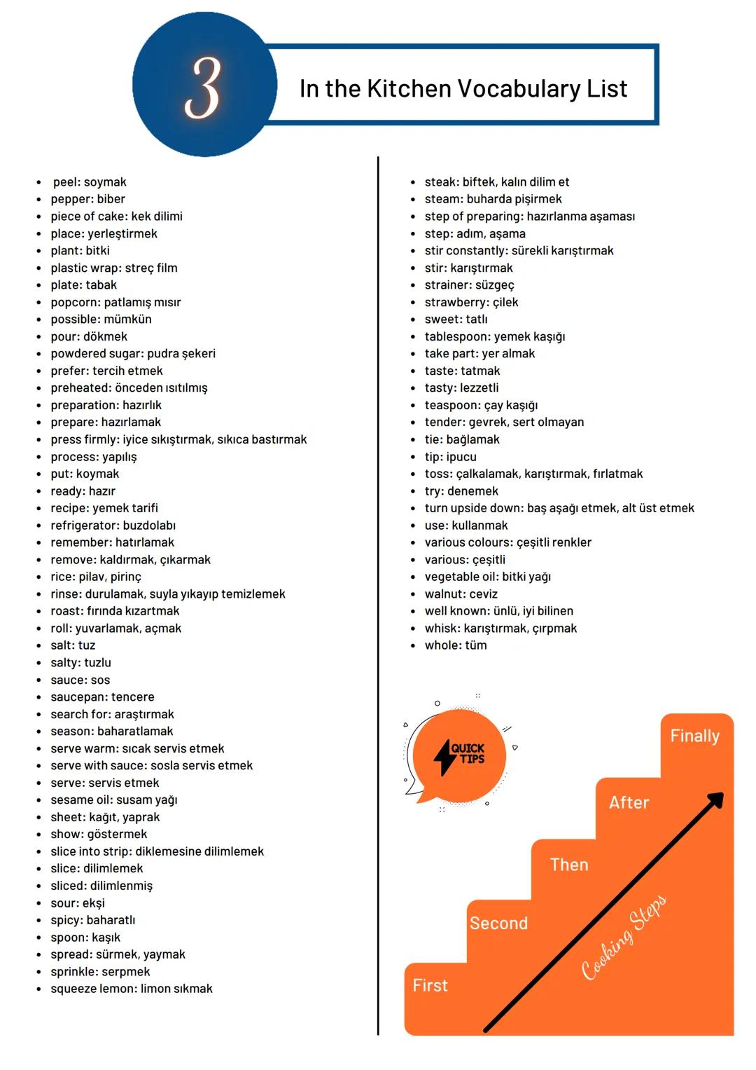 # 3
In the Kitchen Vocabulary List
- a couple of minutes: bir kaç dakika
- a pinch of parsley: bir tutam maydanoz
- add: eklemek
- bake: f