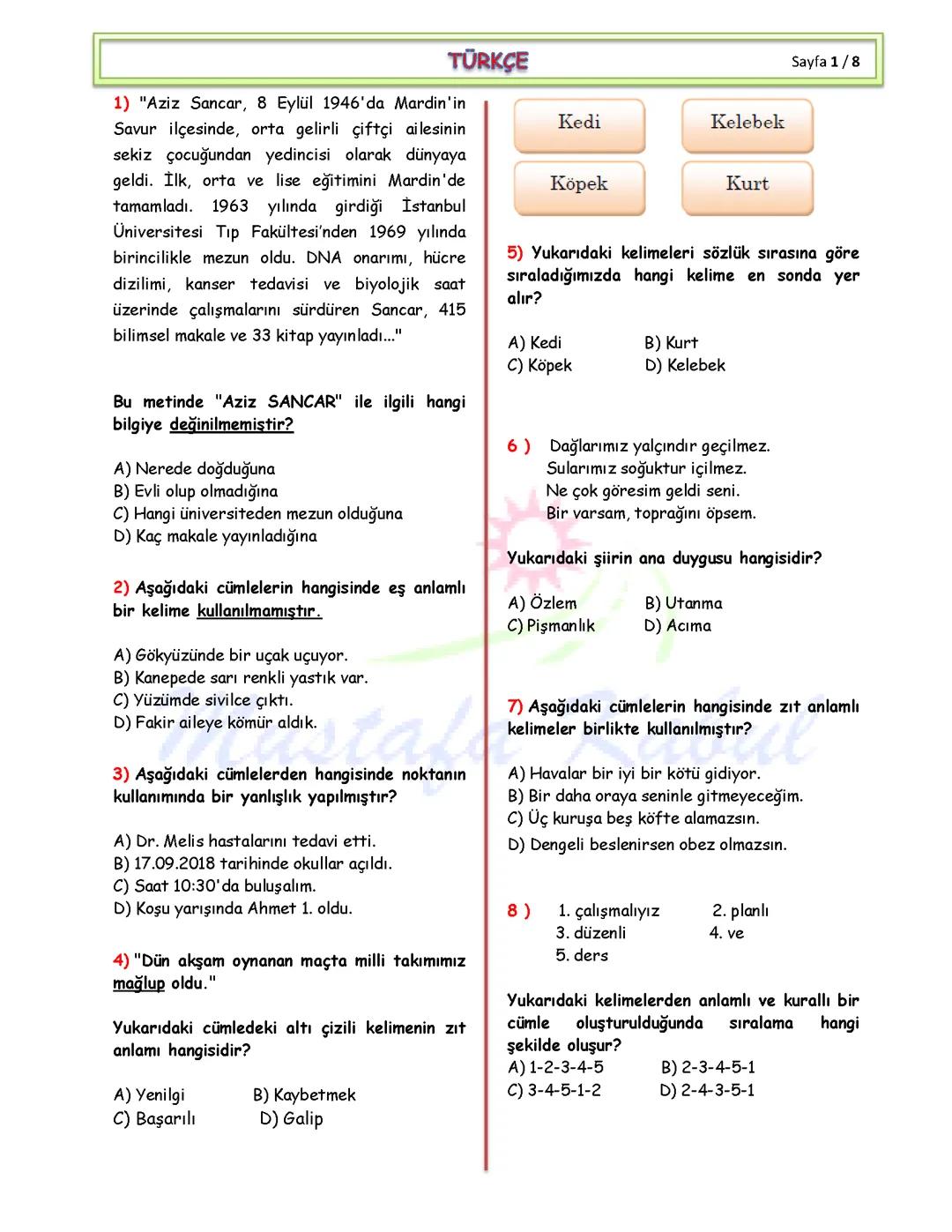 4 sınıf tüm dersler deneme sınavı