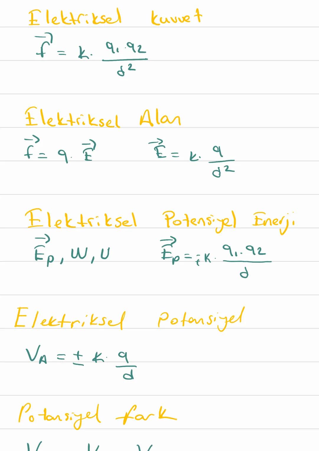 Elektriksel kuvvet
$\vec{F}$= K. $\frac{q_1.q_2}{d^2}$
Elektriksel Alan
$\vec{F}$=q.$\vec{E}$ $\vec{E}$=k$\frac{q}{d^2}$
Elektriksel