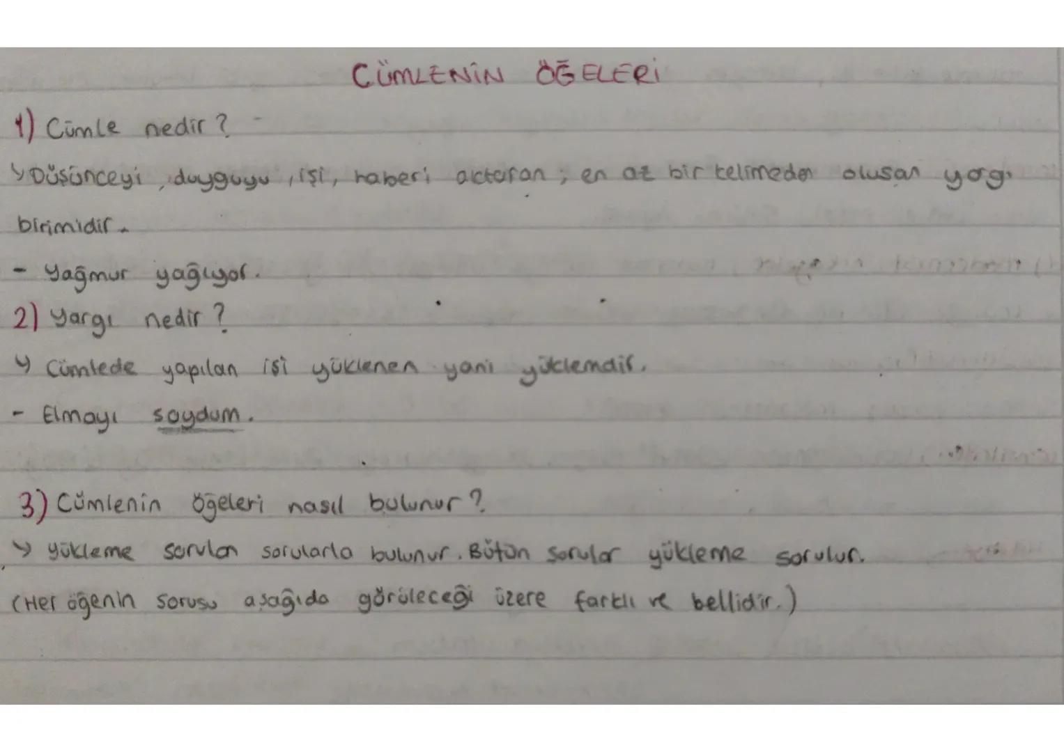 CÜMLENİN ÖĞELERİ
1) Cümle nedir?
> Düşünceyi, duyguyu, işi, haberi aktaran; en az bir telimeden olusan yog.
birimidir.
-
Yağmur yağıyor.