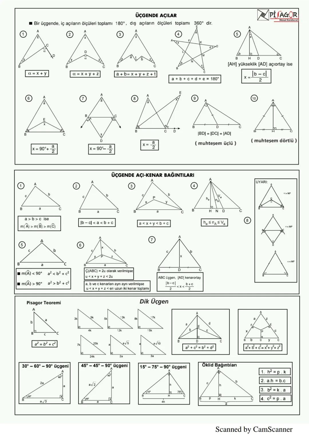 B
ÜÇGENDE AÇILAR
■Bir üçgende, iç açıların ölçüleri toplamı 180°, dış açıların ölçüleri toplamı 360° dir.
A
α = x+y
to
A
(4)
D
PISAGOR
Mesut