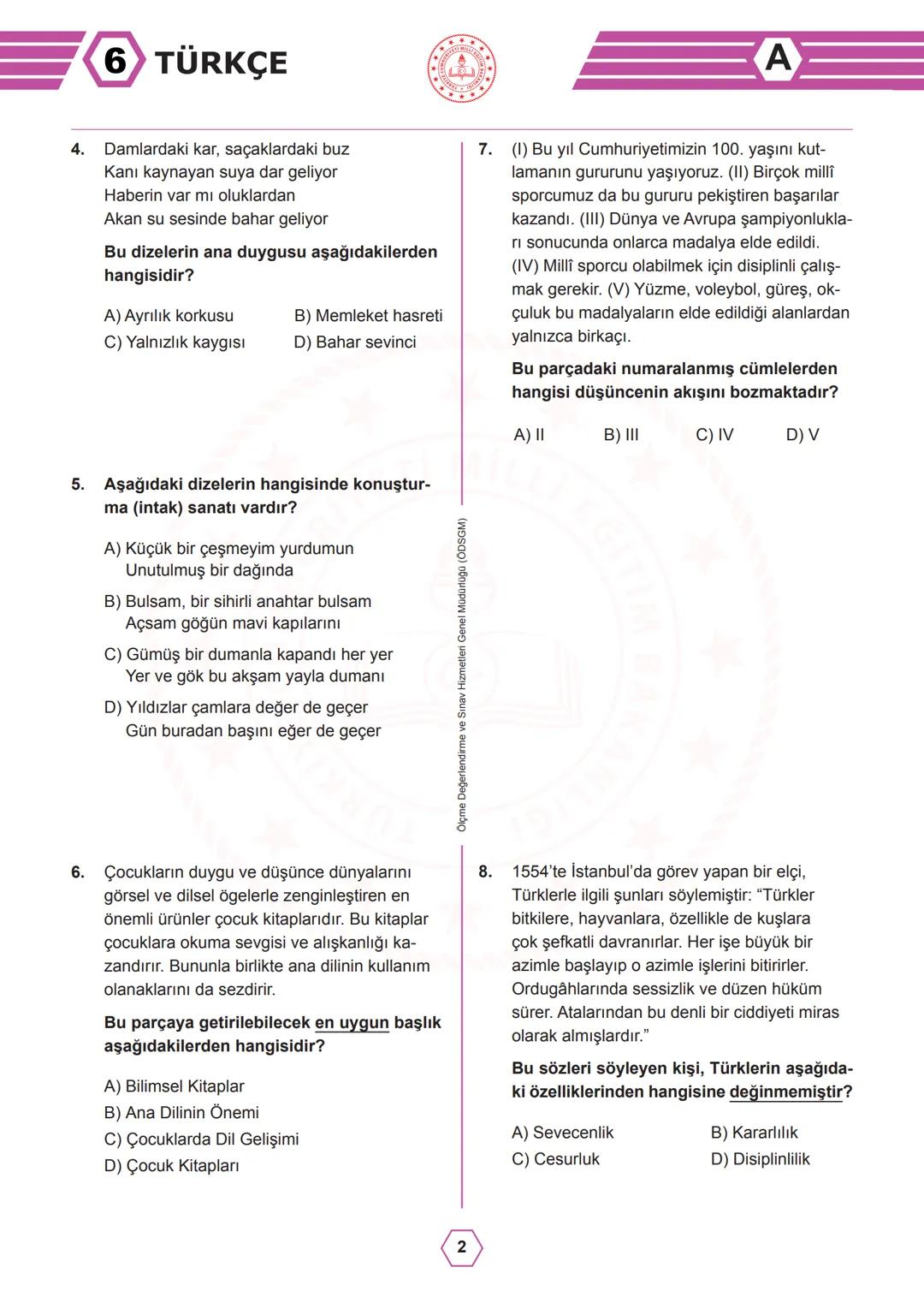 T.C.
MİLLÎ EĞİTİM BAKANLIĞI
ÖLÇME, DEĞERLENDİRME VE SINAV HİZMETLERİ GENEL MÜDÜRLÜĞÜ
2023-2024 EĞİTİM VE ÖĞRETİM YILI
I. DÖNEM II. YAZILI SI
