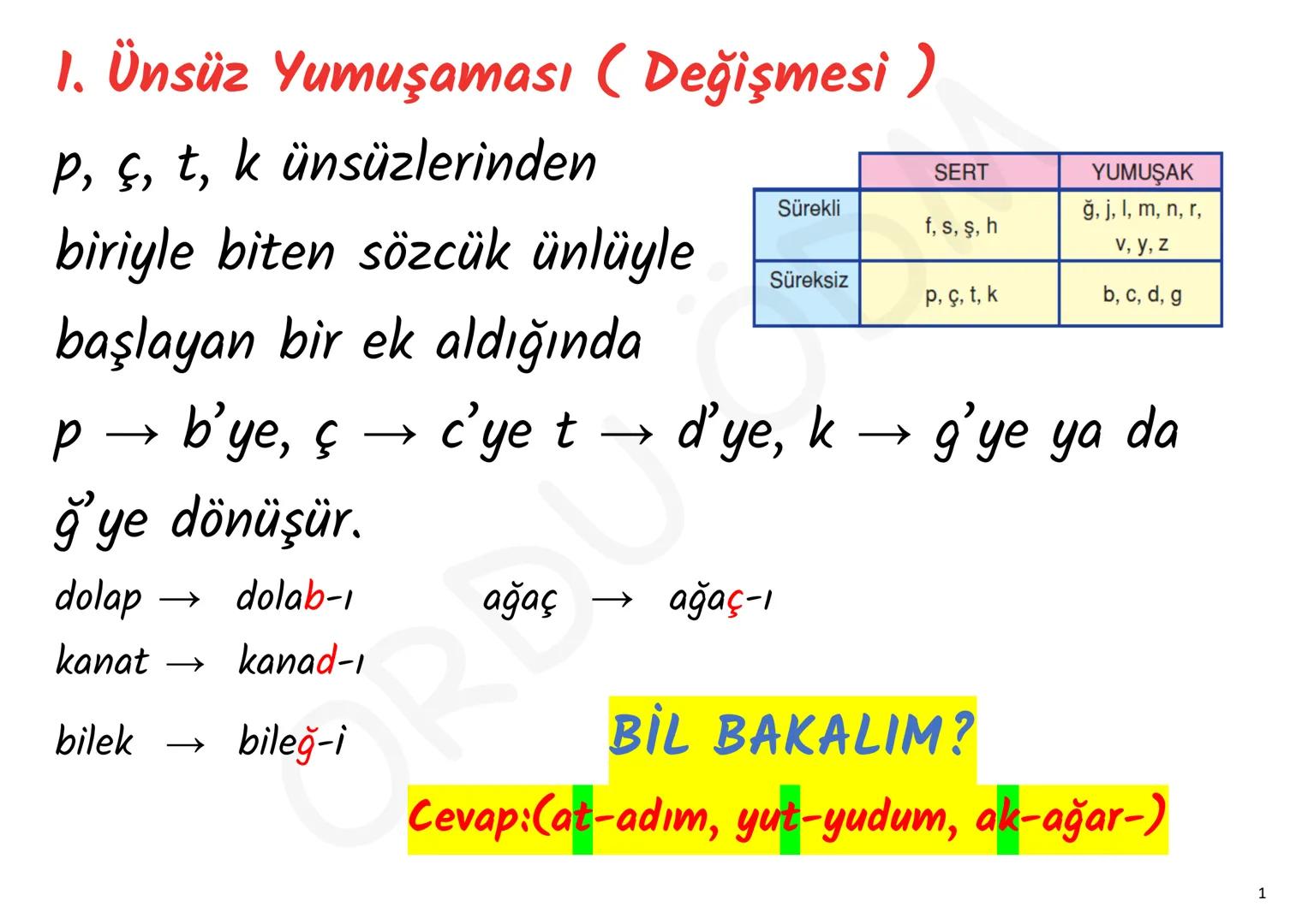- YKS-TÜRKÇE
SES BİLGİSİ
ORDU ÖDM # 1. Ünsüz Yumuşaması (Değişmesi)
p, ç, t, k ünsüzlerinden
biriyle biten sözcük ünlüyle
başlayan bir ek