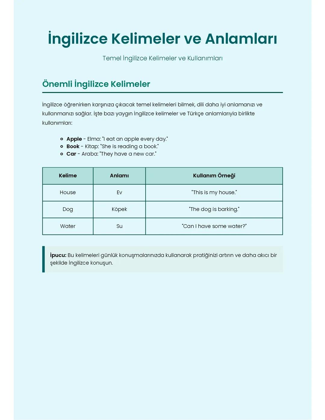 En Önemli İngilizce Kelimeler ve Anlamları