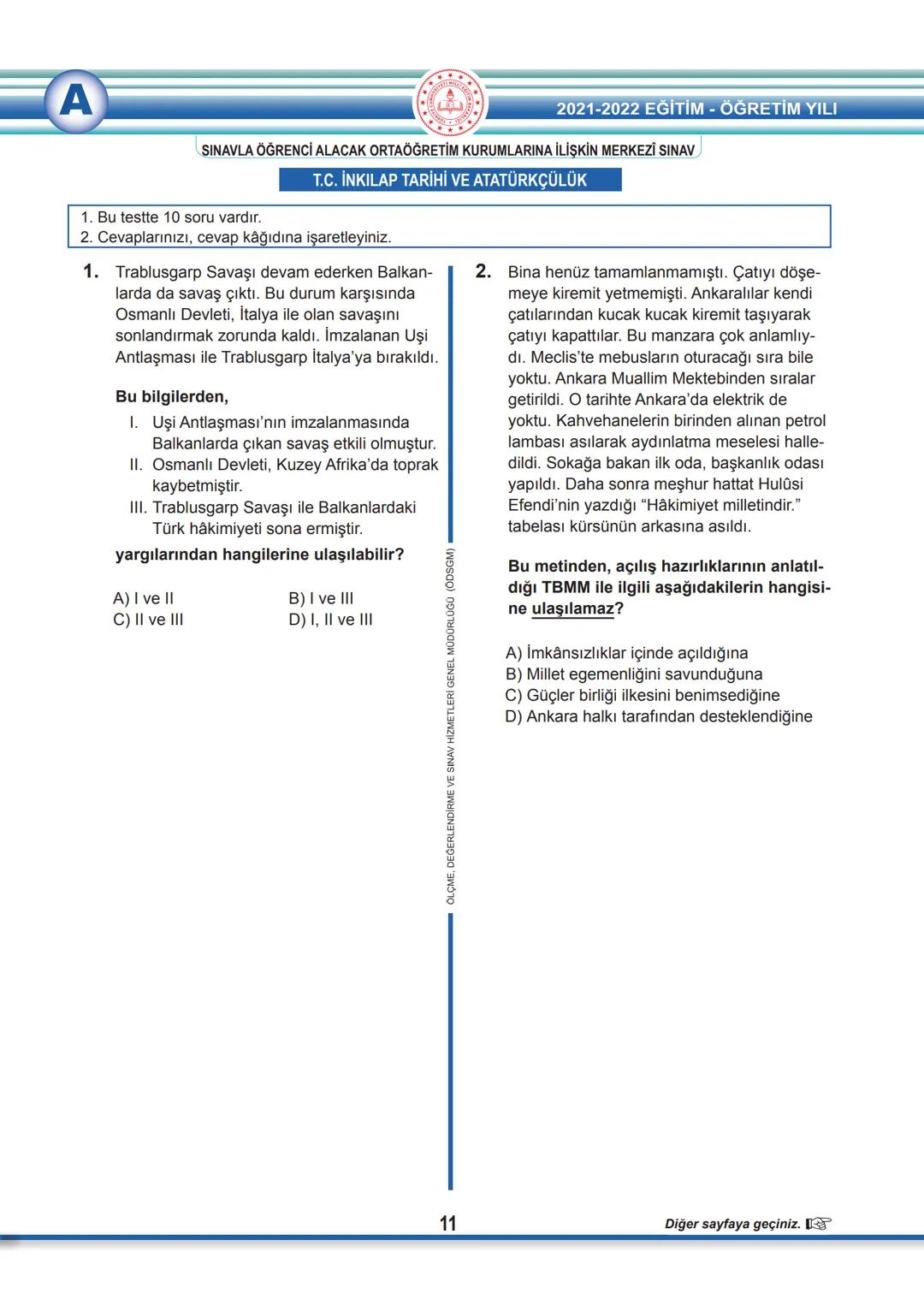 2022 SÖZEL BÖLÜM
T.C.
MİLLÎ EĞİTİM BAKANLIĞI
ÖLÇME, DEĞERLENDİRME VE SINAV HİZMETLERİ GENEL MÜDÜRLÜĞÜ
SINAVLA ÖĞRENCİ ALACAK ORTAÖĞRETİM
K