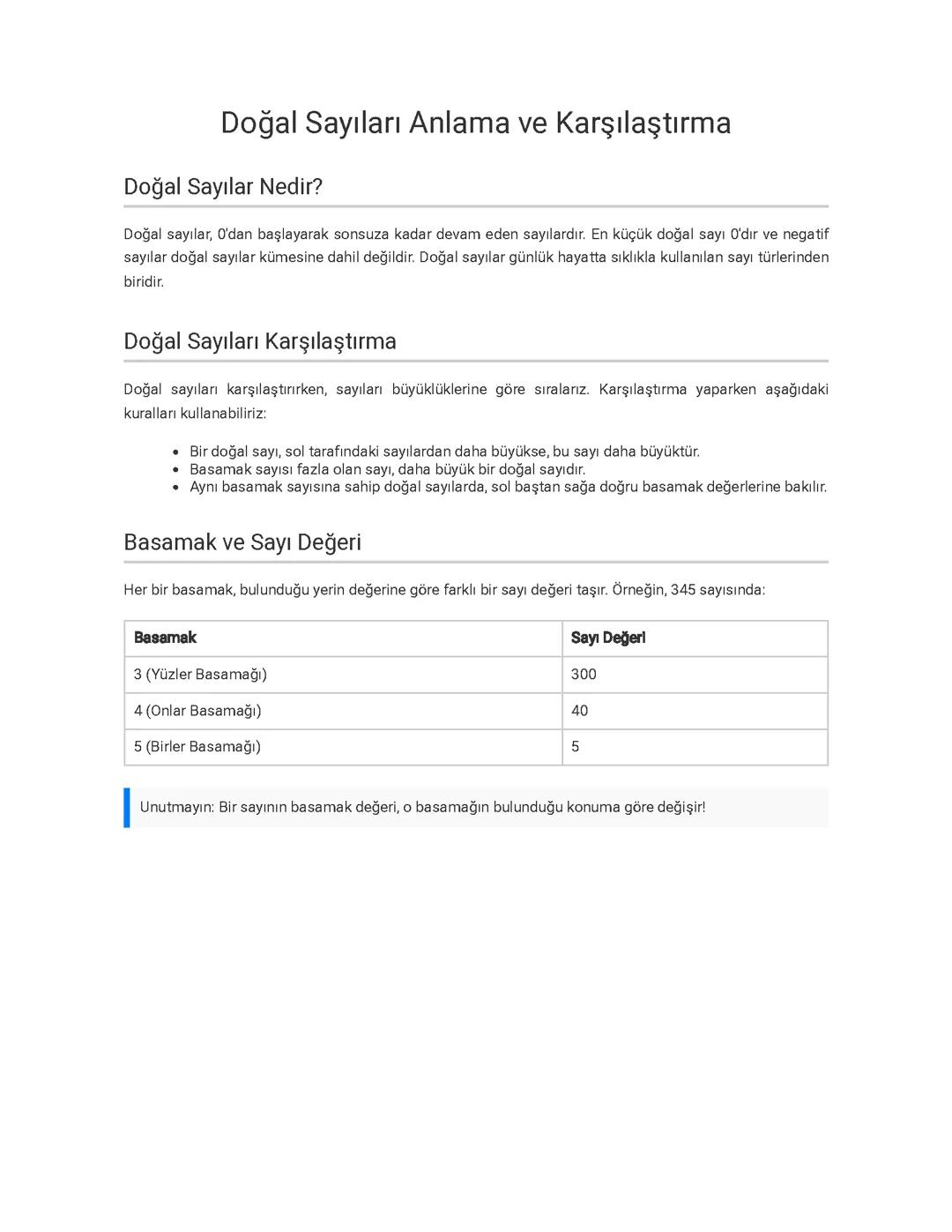 Doğal Sayılar ve Karşılaştırma