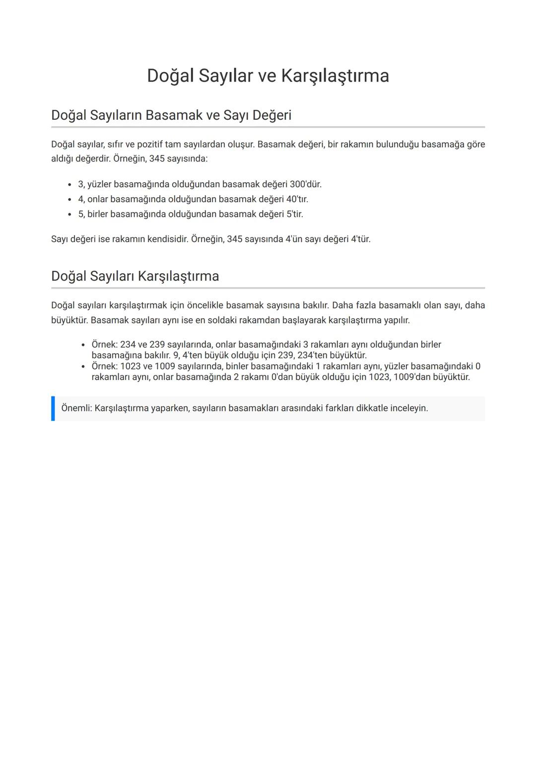 Doğal Sayılar ve Karşılaştırma