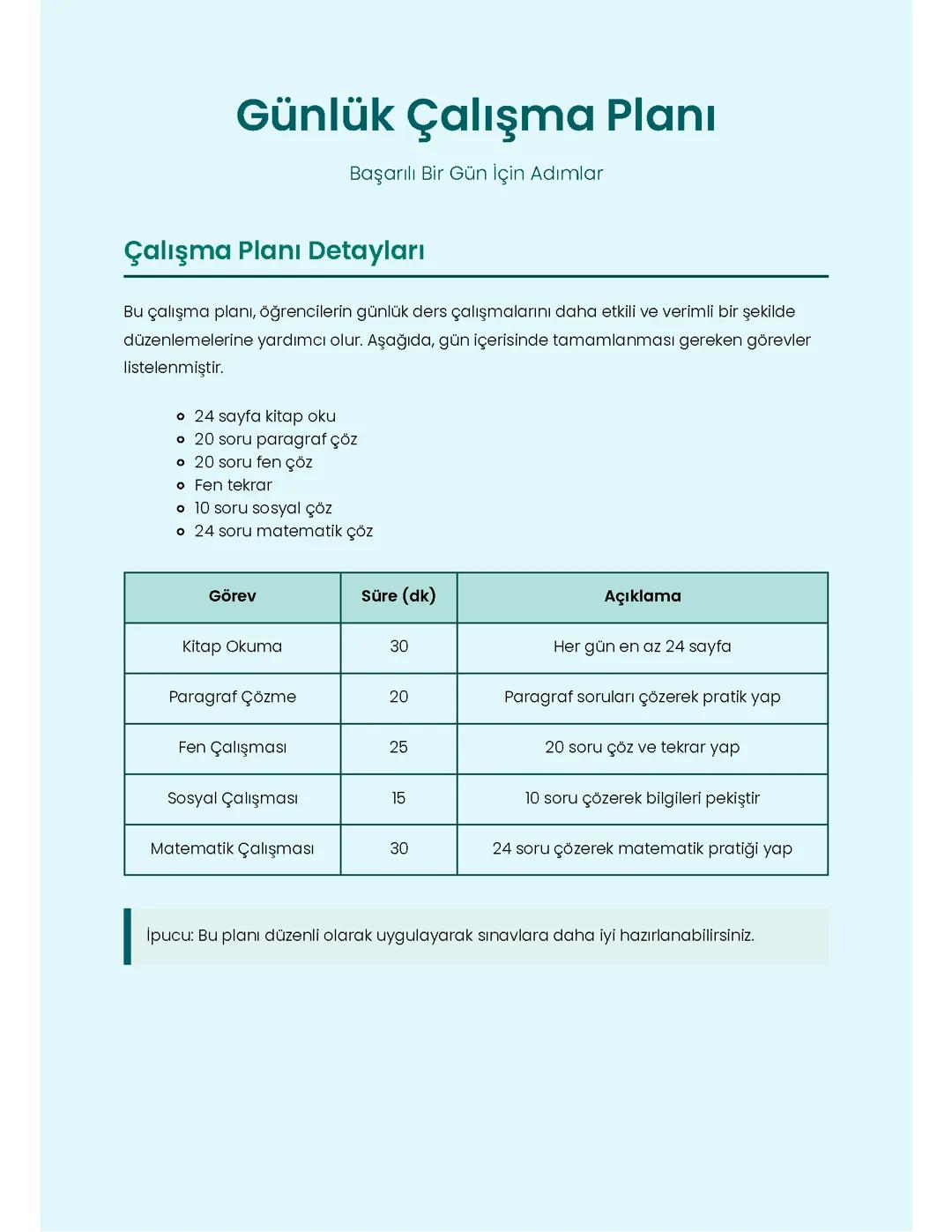 Günlük Çalışma Planı