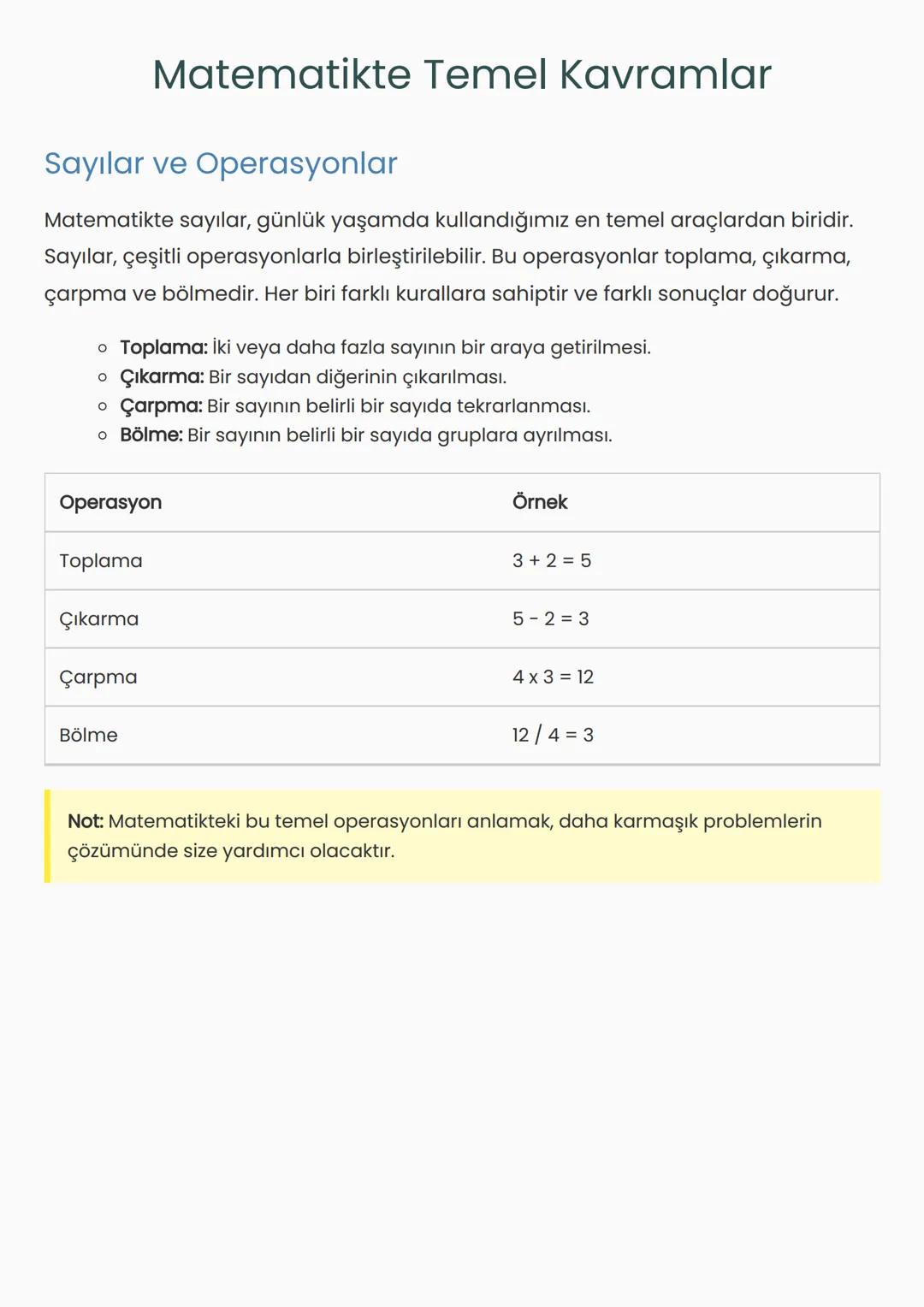 Matematikte Temel Kavramlar
Sayılar ve Operasyonlar
Matematikte sayılar, günlük yaşamda kullandığımız en temel araçlardan biridir.
Sayılar,