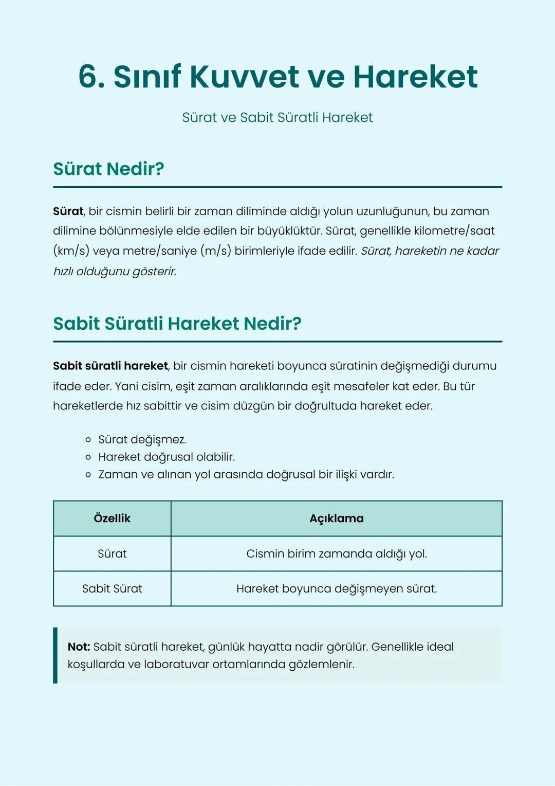 # 6. Sınıf Kuvvet ve Hareket
Sürat ve Sabit Süratli Hareket
## Sürat Nedir?
Sürat, bir cismin belirli bir zaman diliminde aldığı yolun uz