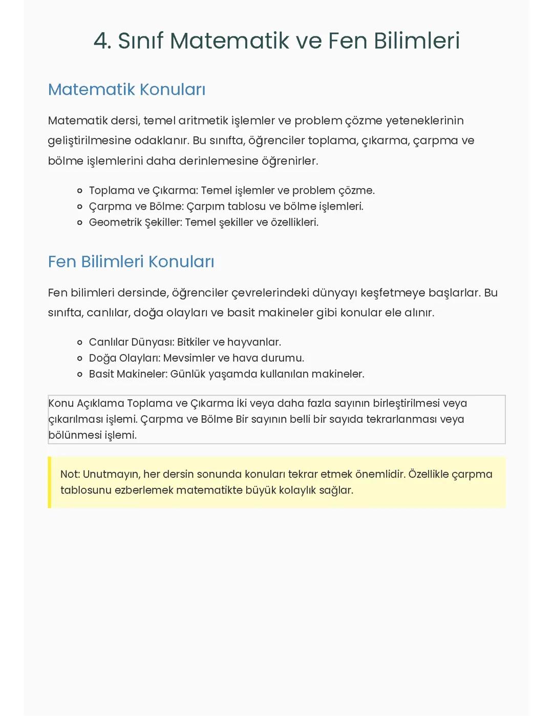 4. Sınıf Matematik ve Fen Bilimleri
