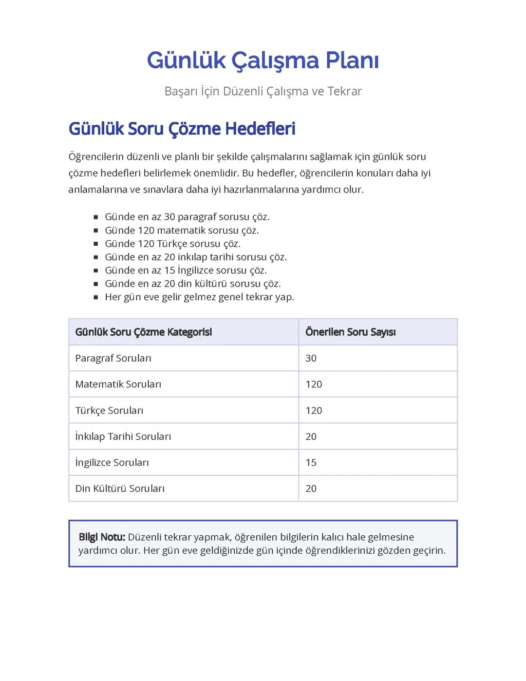 Günlük Çalışma Planı