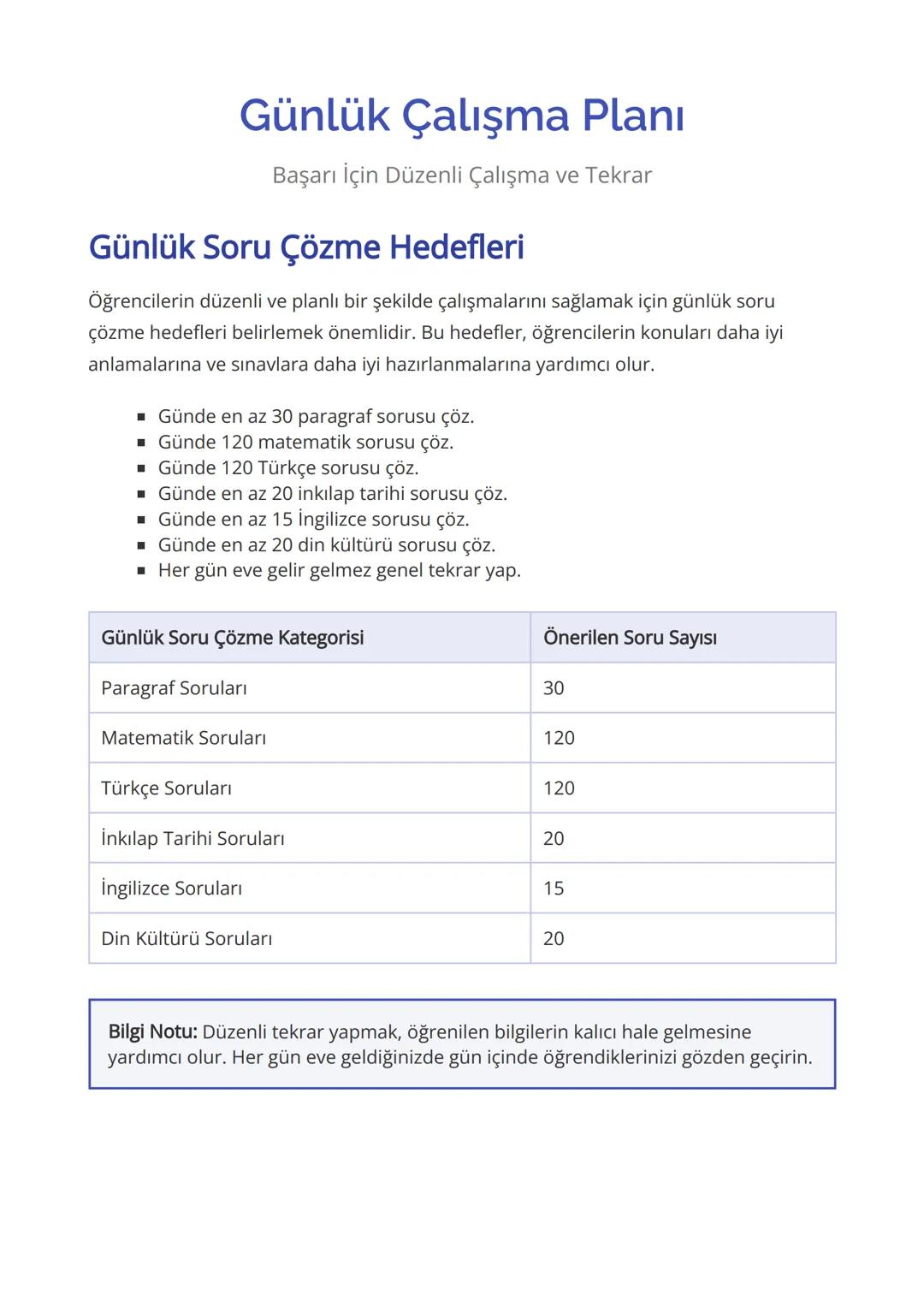 Günlük Çalışma Planı
Başarı İçin Düzenli Çalışma ve Tekrar
Günlük Soru Çözme Hedefleri
Öğrencilerin düzenli ve planlı bir şekilde çalışmalar