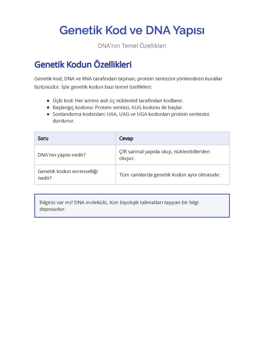 Genetik Kod ve DNA Yapısı