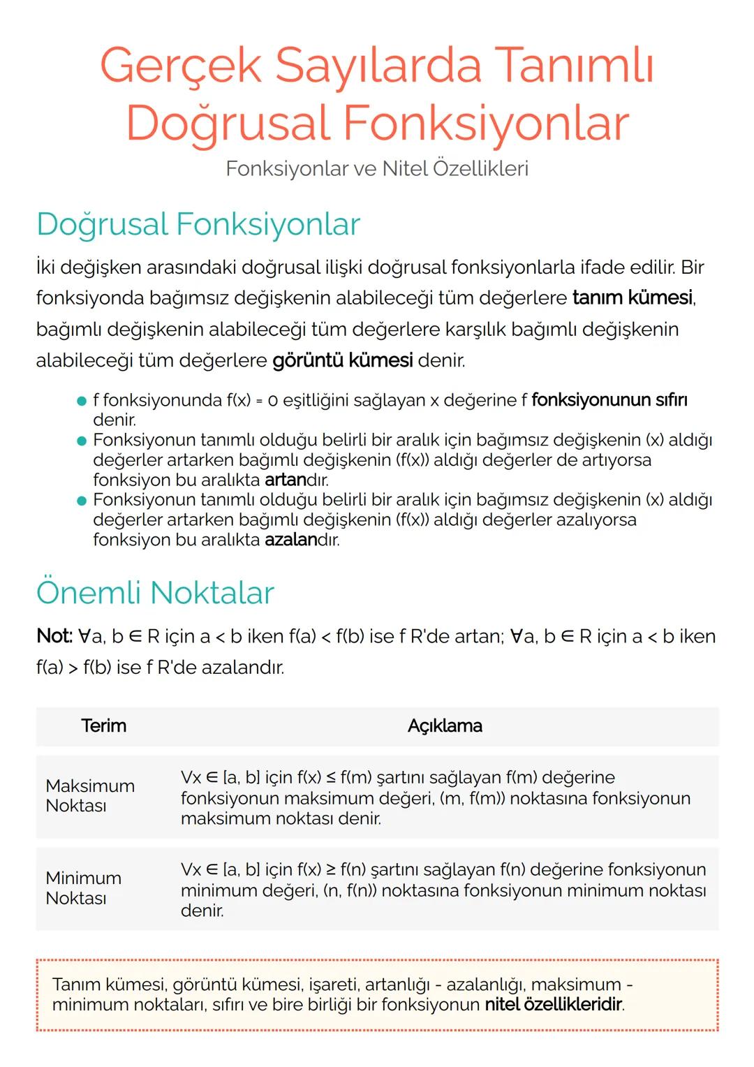 # Gerçek Sayılarda Tanımlı
# Doğrusal Fonksiyonlar
Fonksiyonlar ve Nitel Özellikleri
## Doğrusal Fonksiyonlar
İki değişken arasındaki doğru
