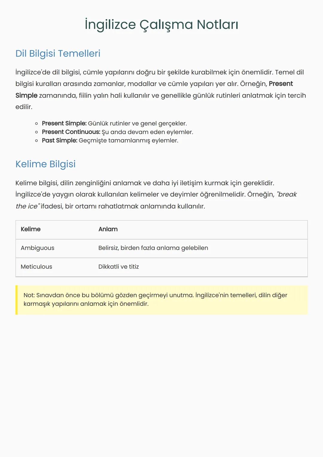 İngilizce Çalışma Notları