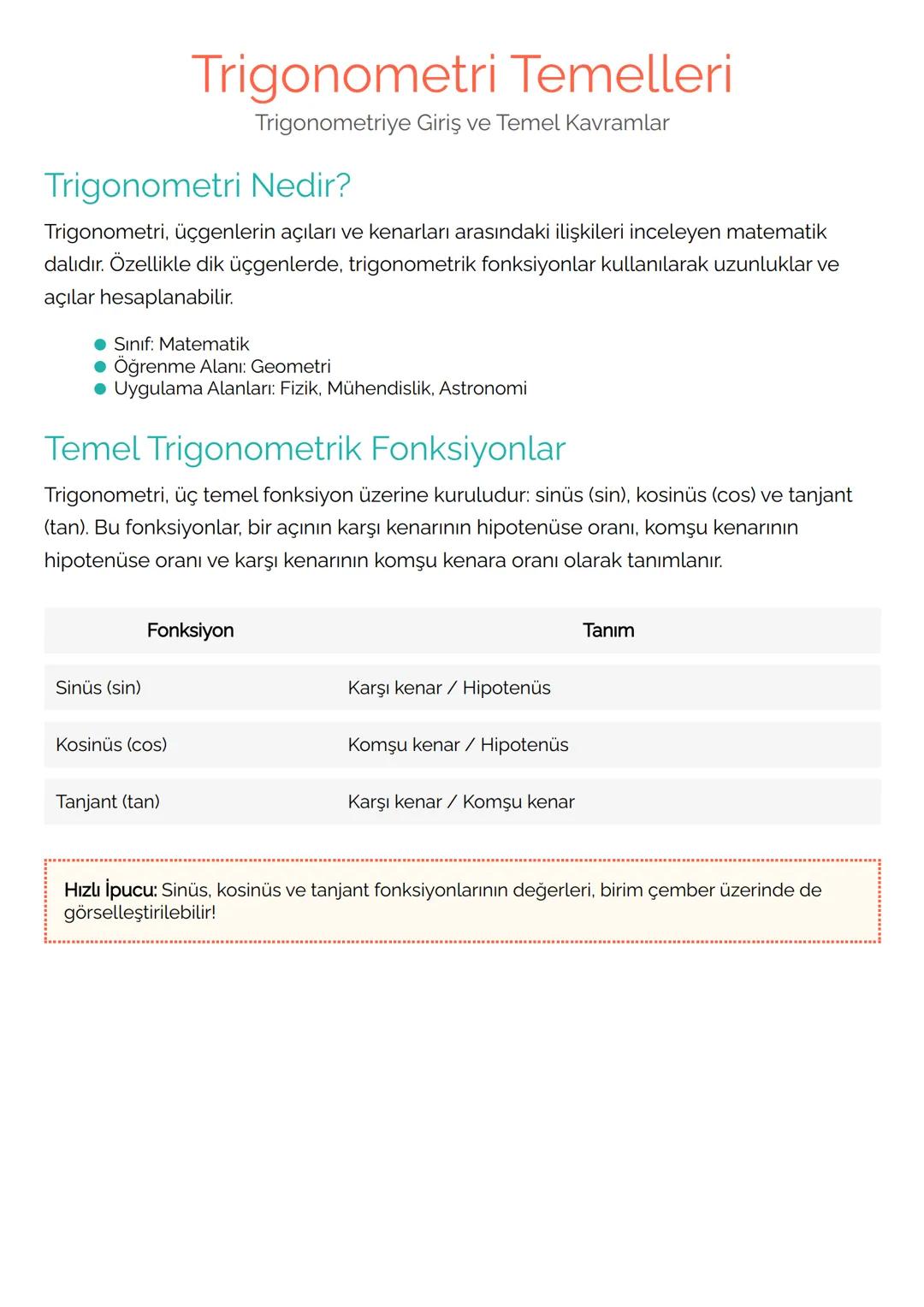 Trigonometri Temelleri
Trigonometriye Giriş ve Temel Kavramlar
Trigonometri Nedir?
Trigonometri, üçgenlerin açıları ve kenarları arasındaki