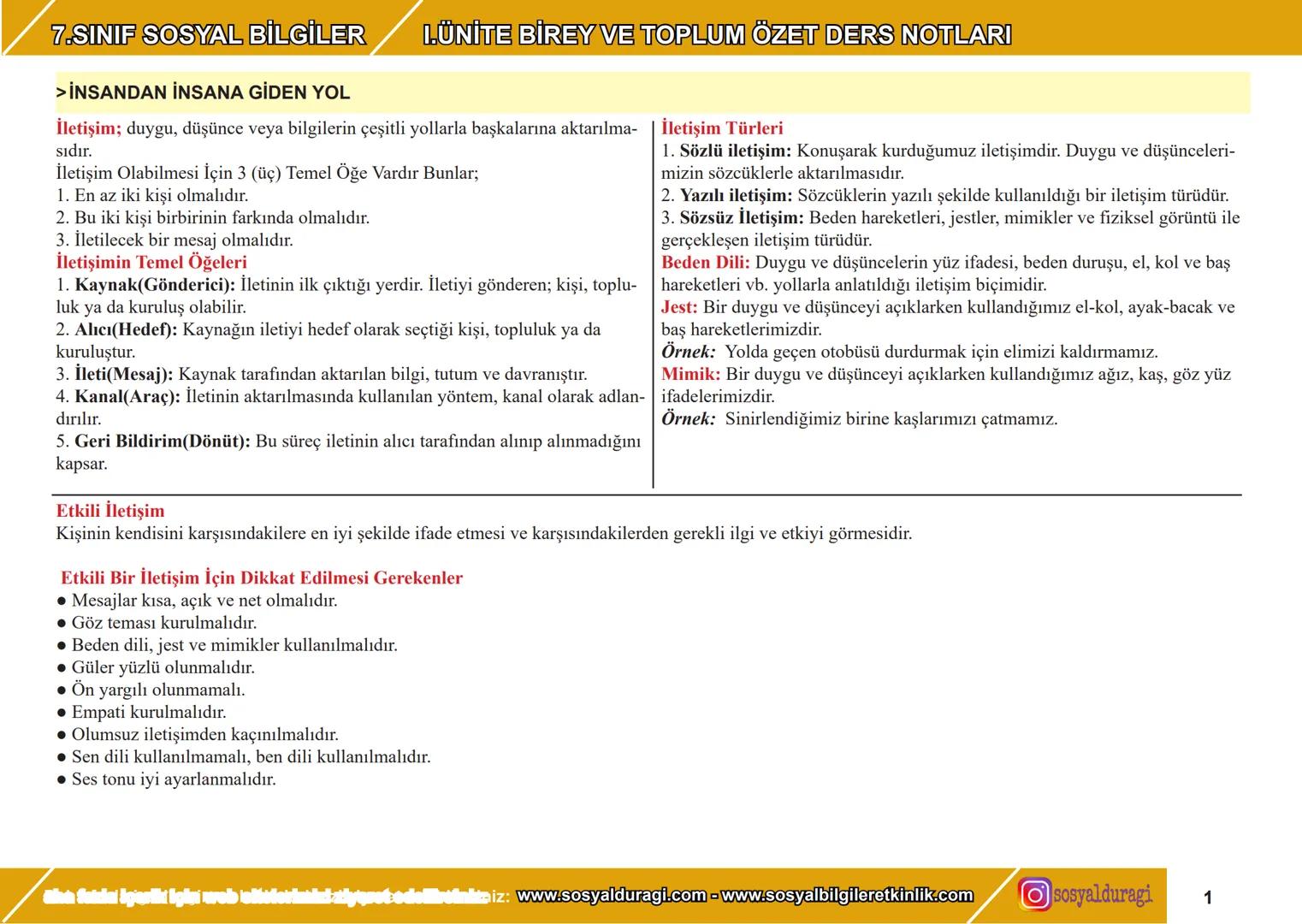 7.SINIF SOSYAL BİLGİLER
> İNSANDAN İNSANA GİDEN YOL
I.ÜNİTE BİREY VE TOPLUM ÖZET DERS NOTLARI
İletişim; duygu, düşünce veya bilgilerin çeşit