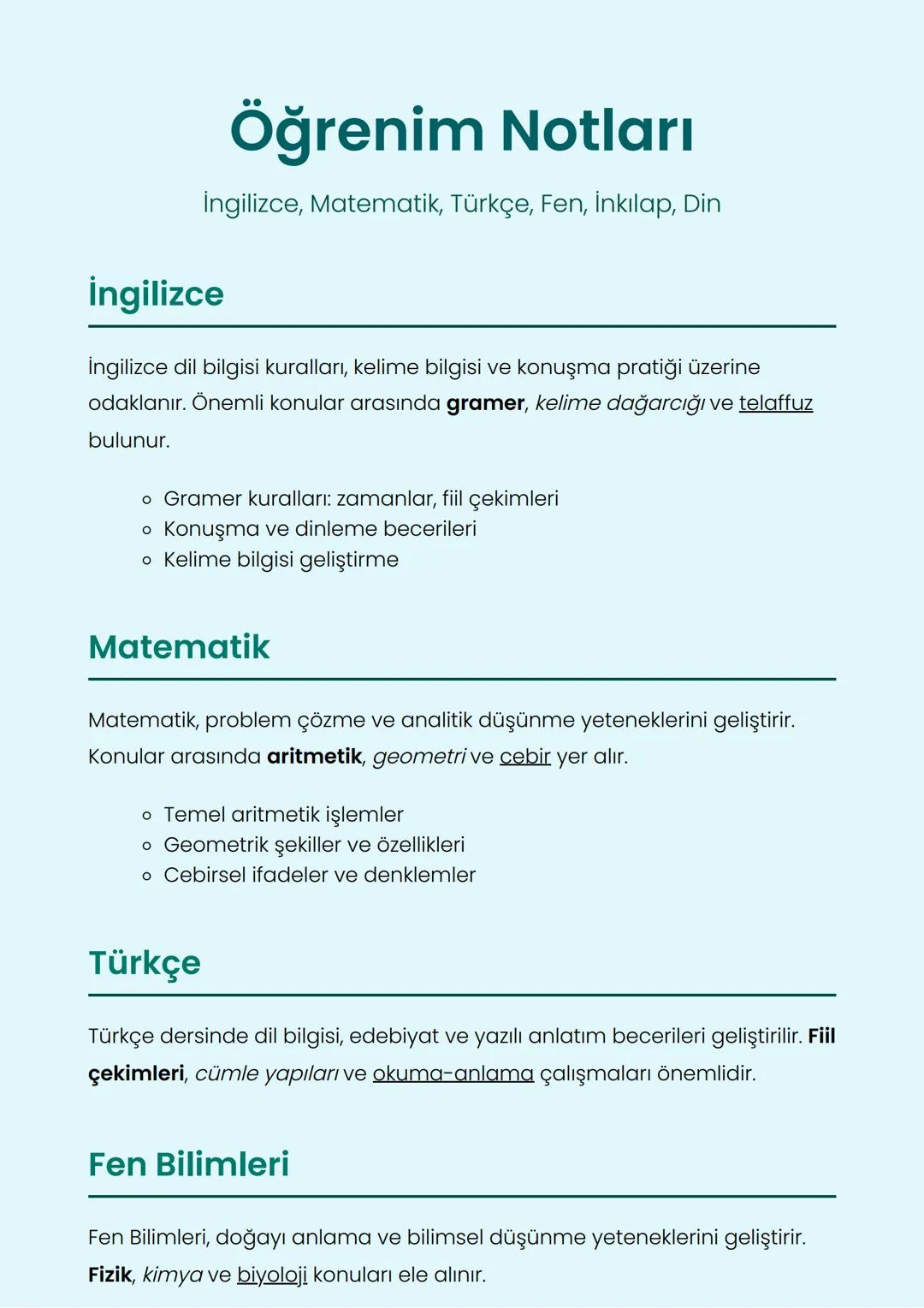 Öğrenim Notları: İngilizce, Matematik, Türkçe, Fen, İnkılap, Din