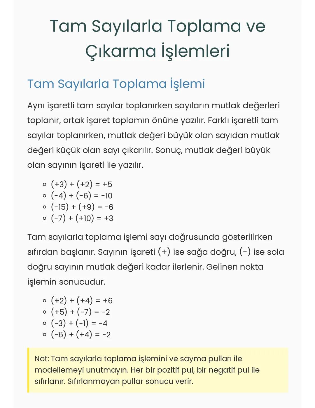 Tam Sayılar: Toplama ve Çıkarma Kuralları