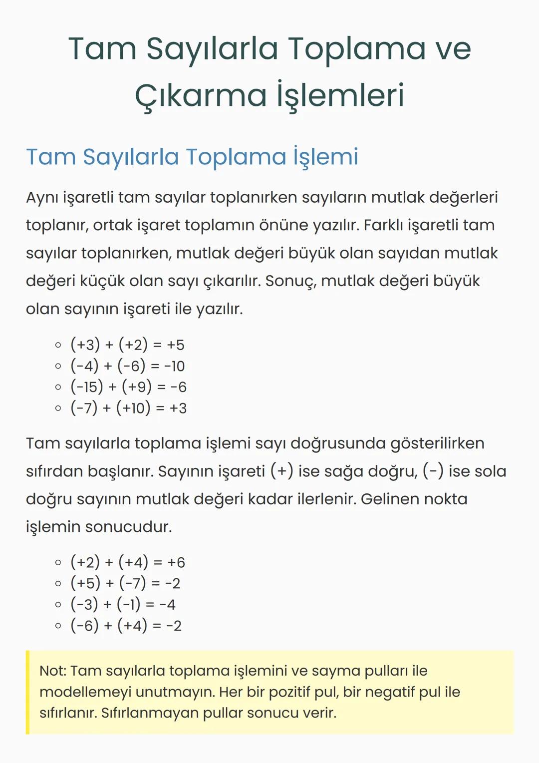 Tam Sayılarla Toplama ve
Çıkarma İşlemleri
Tam Sayılarla Toplama İşlemi
Aynı işaretli tam sayılar toplanırken sayıların mutlak değerleri
top