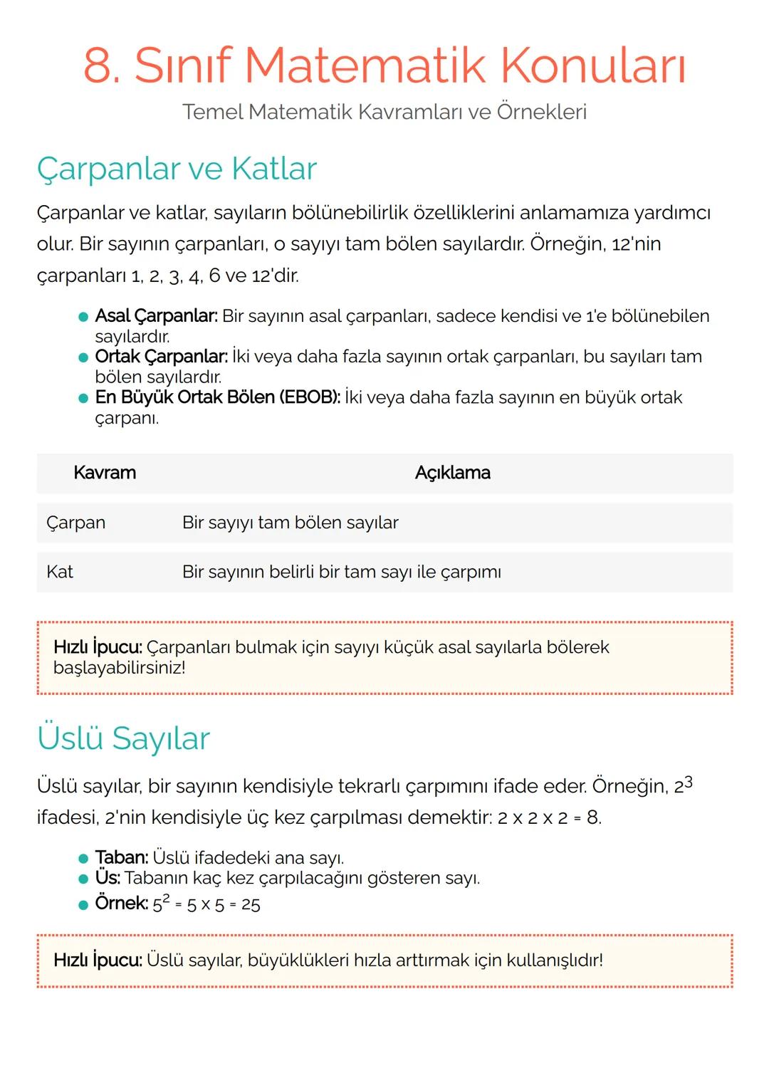 # 8. Sınıf Matematik Konuları
Temel Matematik Kavramları ve Örnekleri
Çarpanlar ve Katlar
Çarpanlar ve katlar, sayıların bölünebilirlik ö