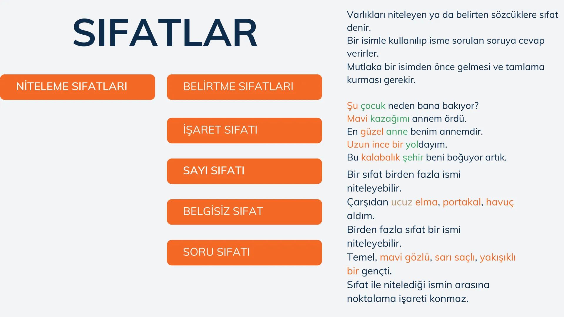 # SIFATLAR
Kıvırcık saç
Turuncu monitör
Pembe bardak
Kahverengi vazo
Mavi tişört
Lacivert koltuk # SIFATLAR
NİTELEME SIFATLARI
BELİRTME S