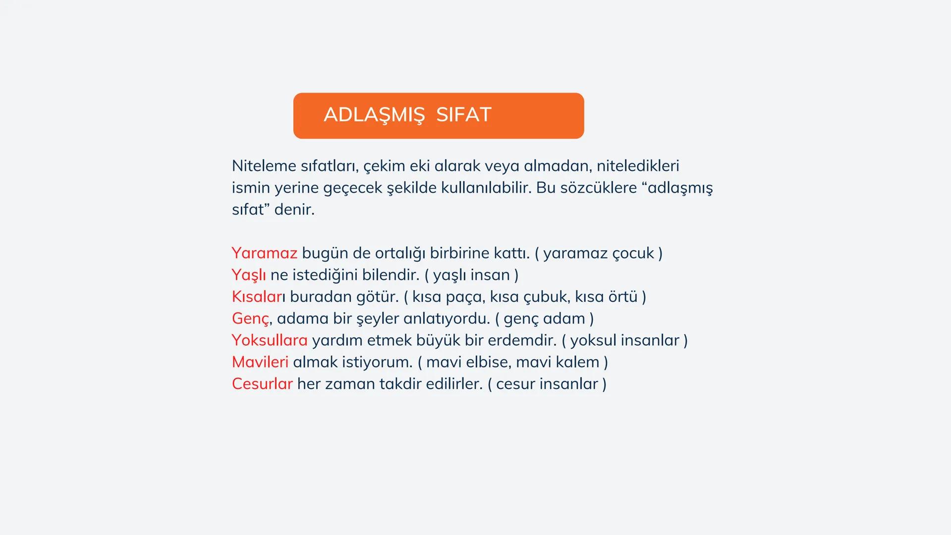 # SIFATLAR
Kıvırcık saç
Turuncu monitör
Pembe bardak
Kahverengi vazo
Mavi tişört
Lacivert koltuk # SIFATLAR
NİTELEME SIFATLARI
BELİRTME S