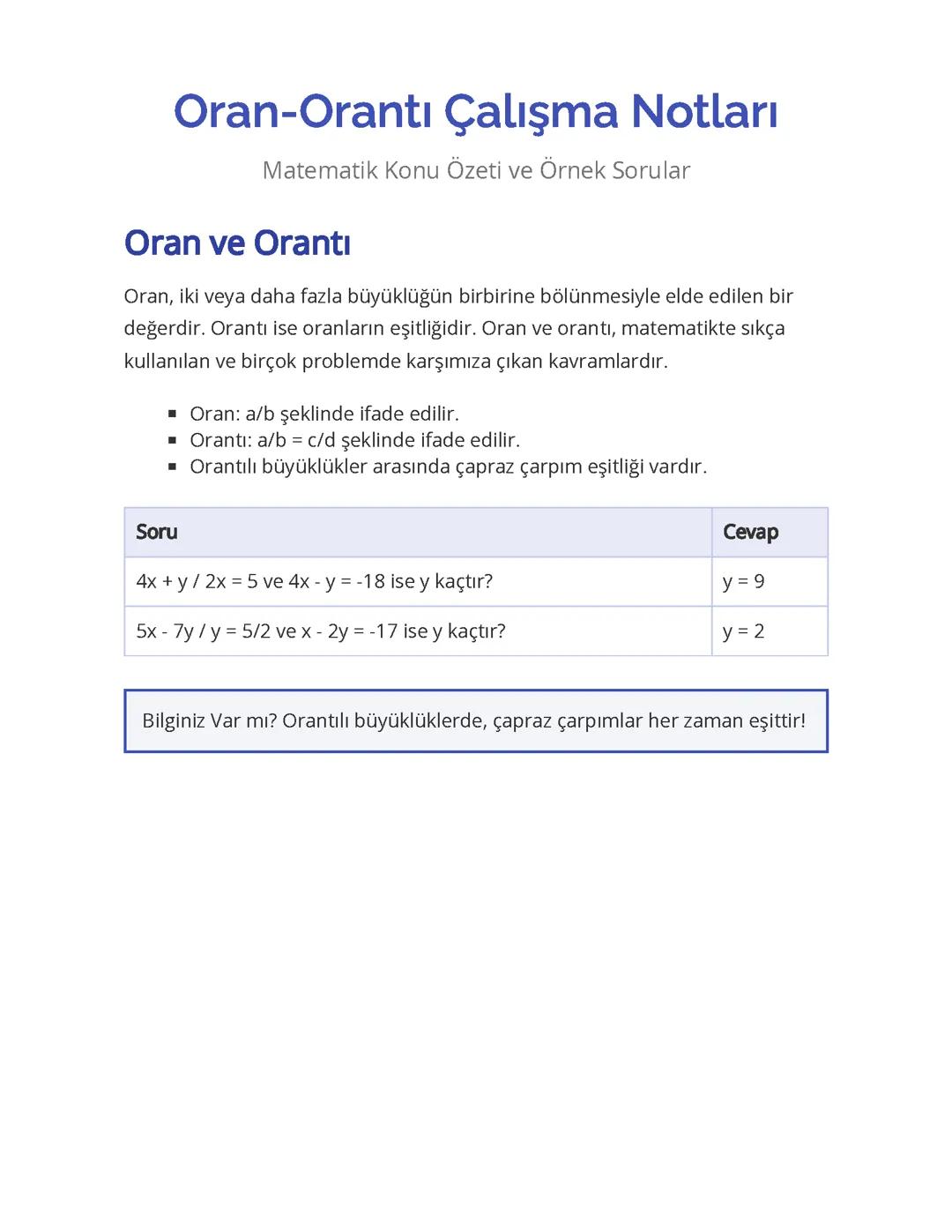 Oran-Orantı Çalışma Notları