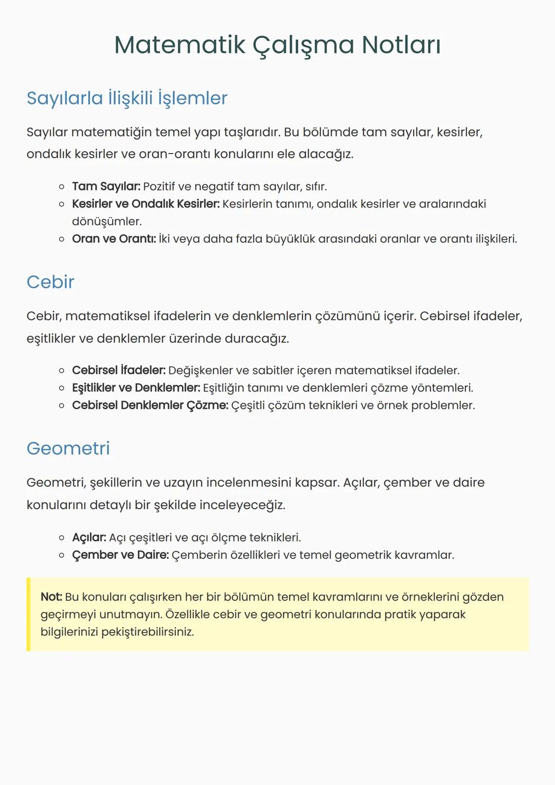 Matematik Çalışma Notları
Sayılarla İlişkili İşlemler
Sayılar matematiğin temel yapı taşlarıdır. Bu bölümde tam sayılar, kesirler,
ondalık K