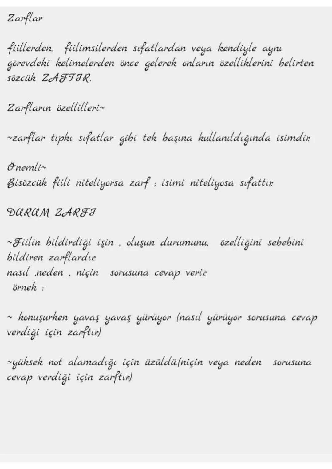 7. SINIF
ZARFLAR
TÜRKGE Zarflar
fiillerden, filimsilerden sifatlardan veya kendiyle aynı
görevdeki kelimelerden önce gelerek onların özellik